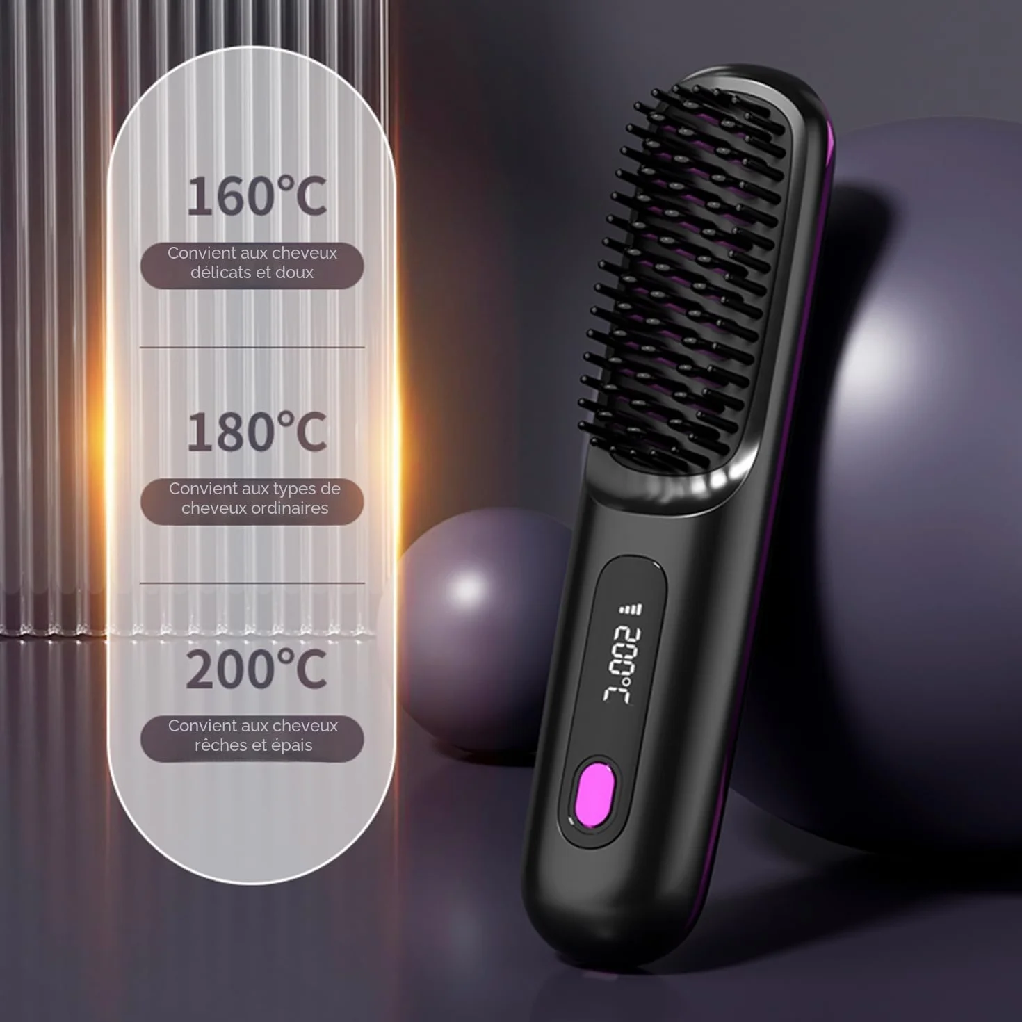Go Brush Pro Mini brosse à lisser sans fil portable avec affichage LCD température 2000 mAh chauffage rapide céramique (BK)