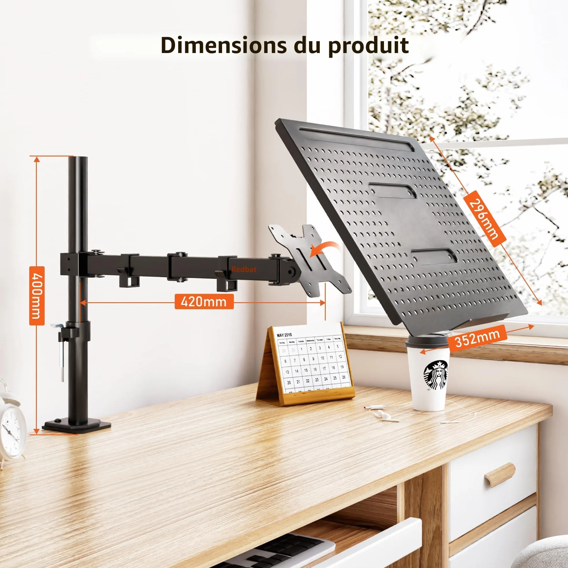 Bras de Ecran PC Redbat avec Plateau Ventilé Réglable pour LED LCD 13-32 Pouces Ordinateur Portable 16 Pouces Montage Inclinaible Pivotant Rotable