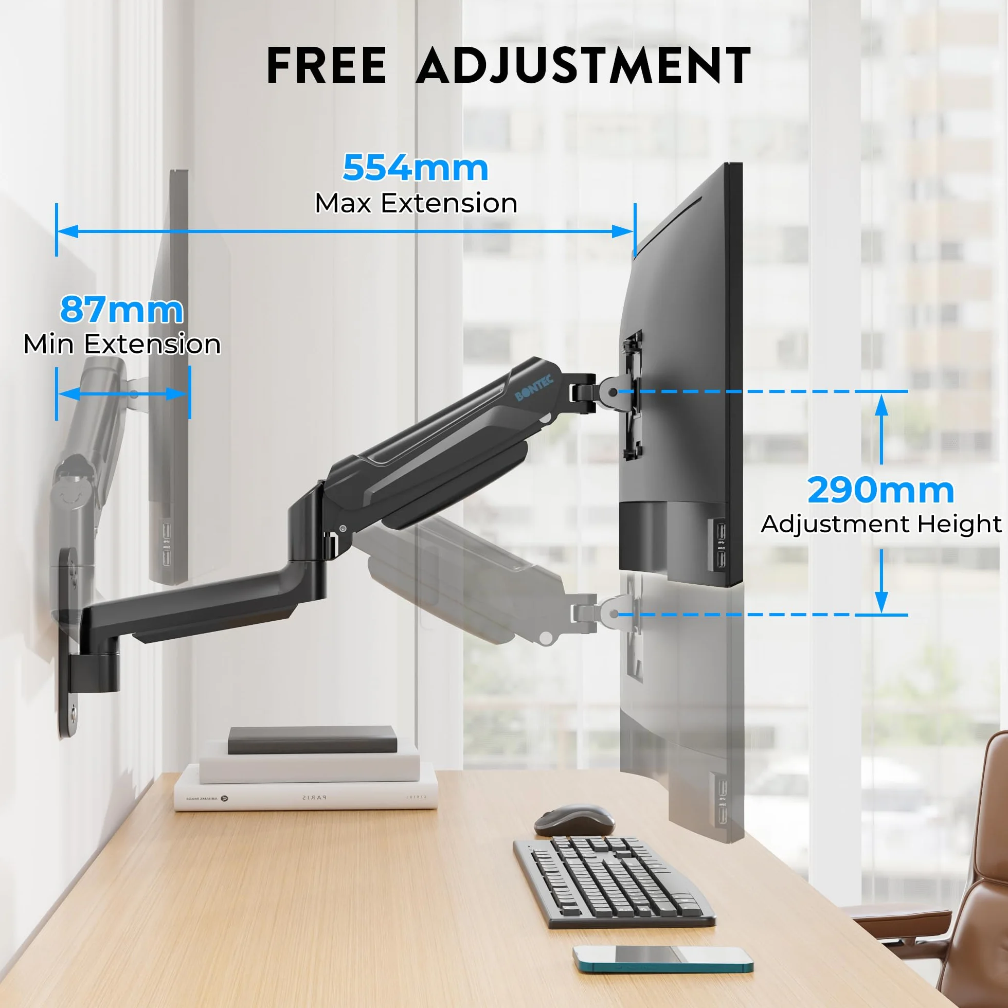 BONTEC Support Mural Bras Articulé Écran PC 13-42 Pouces 9 kg VESA 200x200 Rotation 360° Pivot 180°