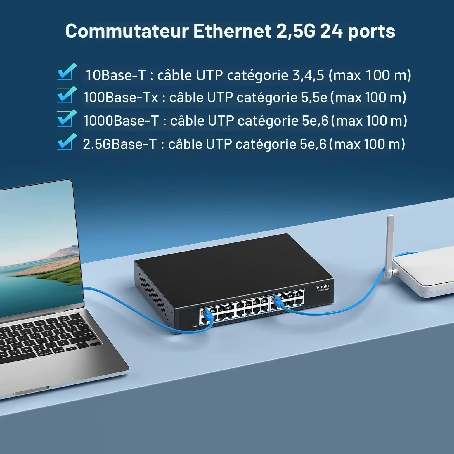 2,5Gb Switch 24 Port, Commutateur Ethernet 2,5G Non Géré, 24 Ports 2,5 Go Base-T Commutateur RéSeau Plug & Play, 2,5 Gigabit Switch Compatible avec 10/100/1000/2500 Mbps
