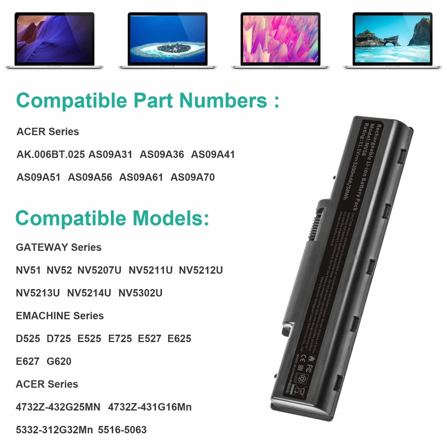 Batterie 5200mAh pour Aspire 4732Z 5332 5334 5516 5517 5532 5732Z 5734Z AS09A31 AS09A41 AS09A61 AS09A36 AS09A56 AS09A70