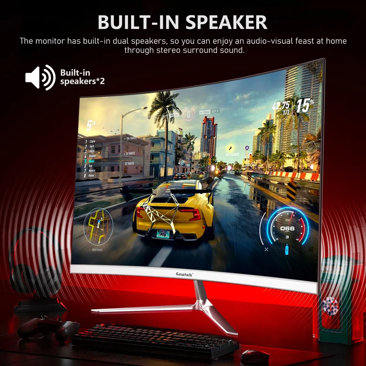 Gawfolk Écran PC Incurvé 24.5 Pouces, Moniteur Gaming 120Hz 3000R, Ecran PC FHD 1920x1080P, 100% sRGB, 1ms MPRT, Haut Parleurs Intégrés, Interface HDMI & DP, Protection des Yeux, Supporte VESA