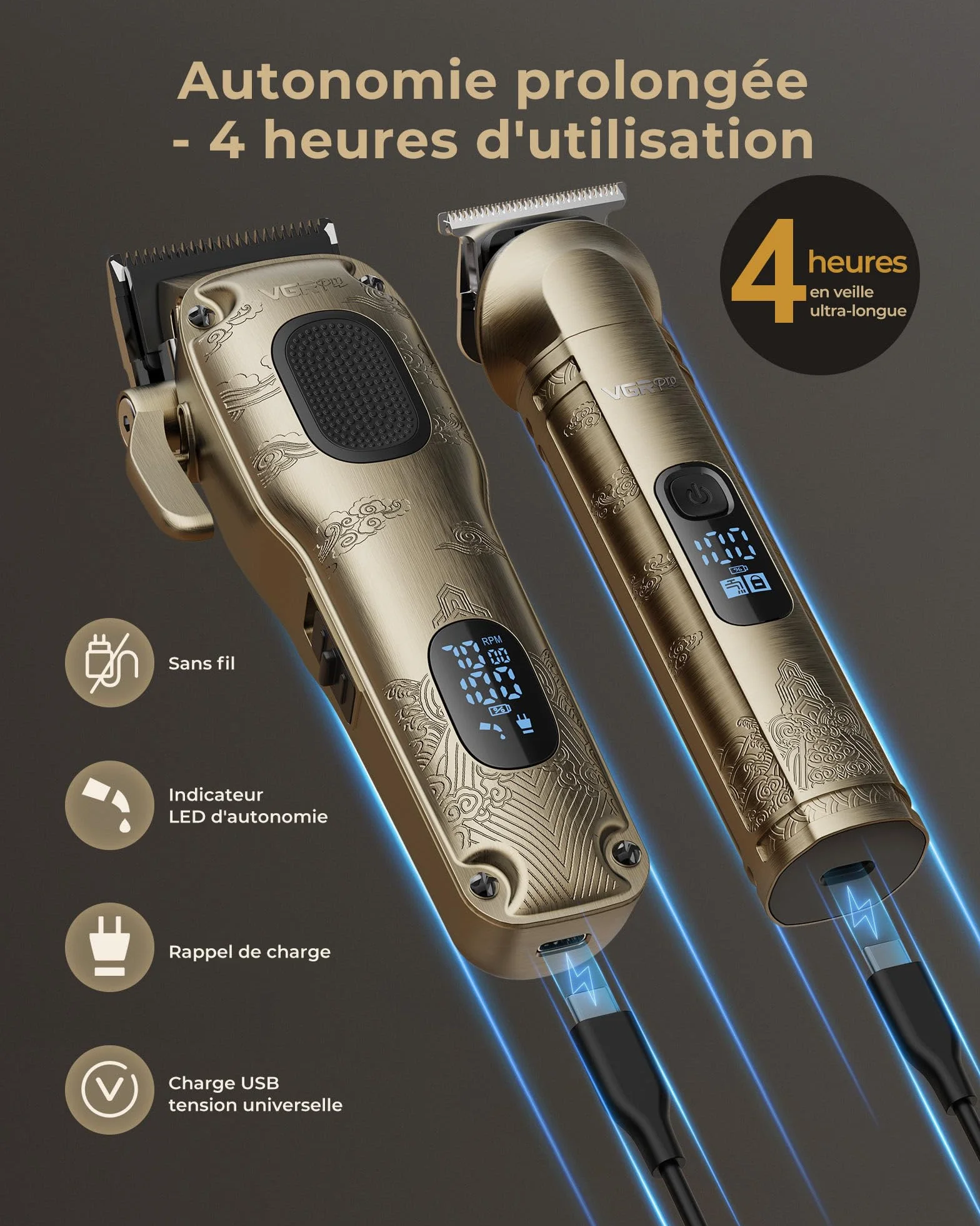 Tondeuse Cheveux Hommes Professionnelle Sans Fil VGRPRO Kit avec T-lames Trimmer Homme Électrique