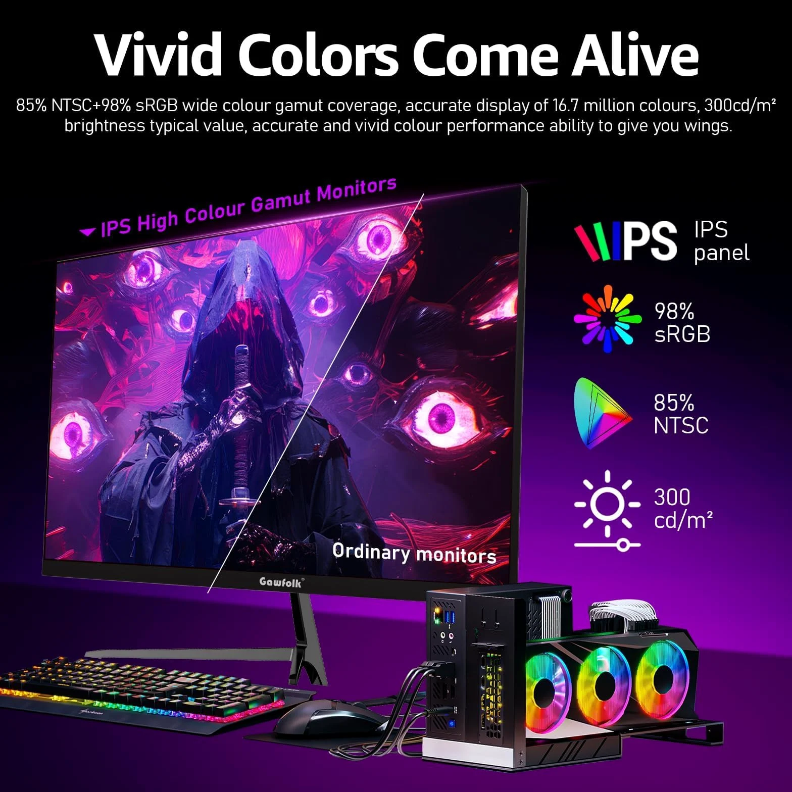 Gawfolk Écran PC 27 Pouces, Moniteur Gaming 120Hz, Ecran PC QHD 2K 2560x1440, 100% sRGB, 1ms MPRT, Interface HDMI & DP, Protection des Yeux, VESA 75 * 75