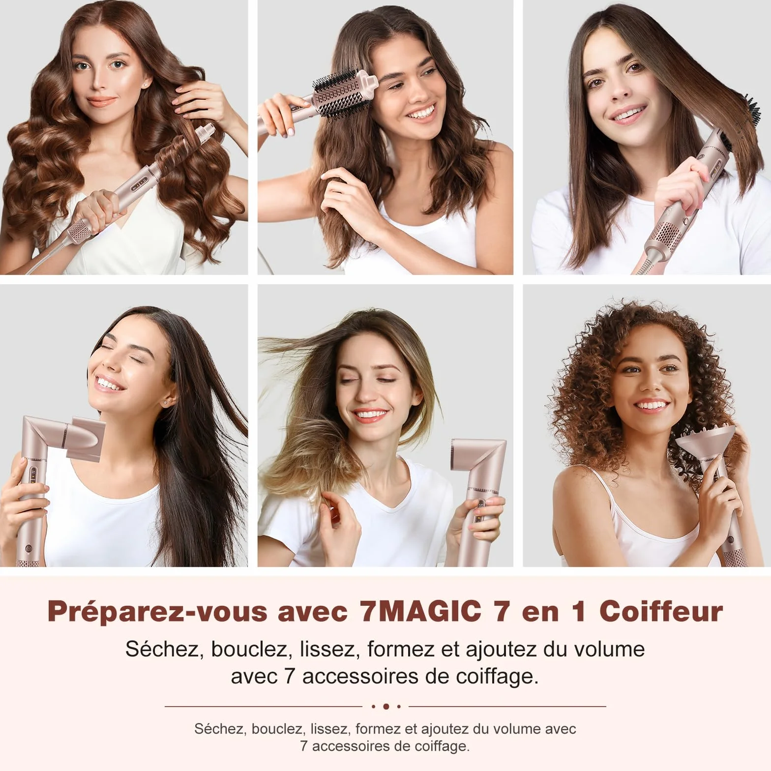 7MAGIC 7 en 1 Air Styler Sèche-cheveux Ionique Brosse Soufflante Lisseur Fer à Friser Automatique Ensemble Coiffure Multifonction avec Boîte Voyage