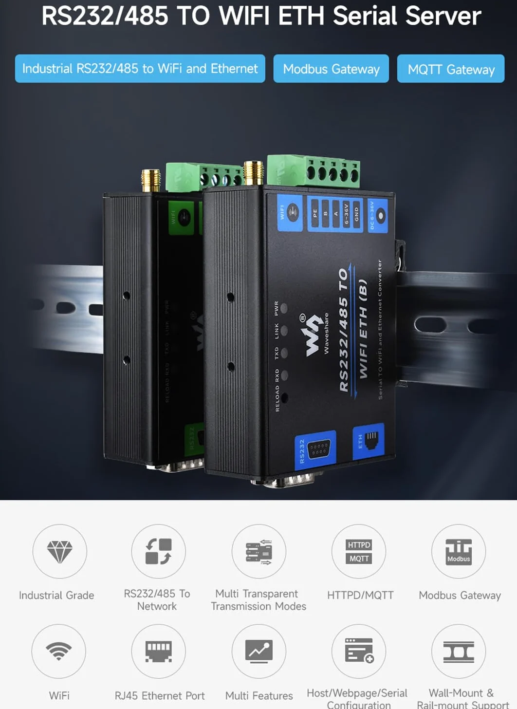 waveshare Convertisseur RS232/485 vers WiFi et Ethernet, serveur série, passerelle Modbus, passerelle MQTT, port série vers client HTTPD, autorise le port série au WiFi, port série vers Ethernet
