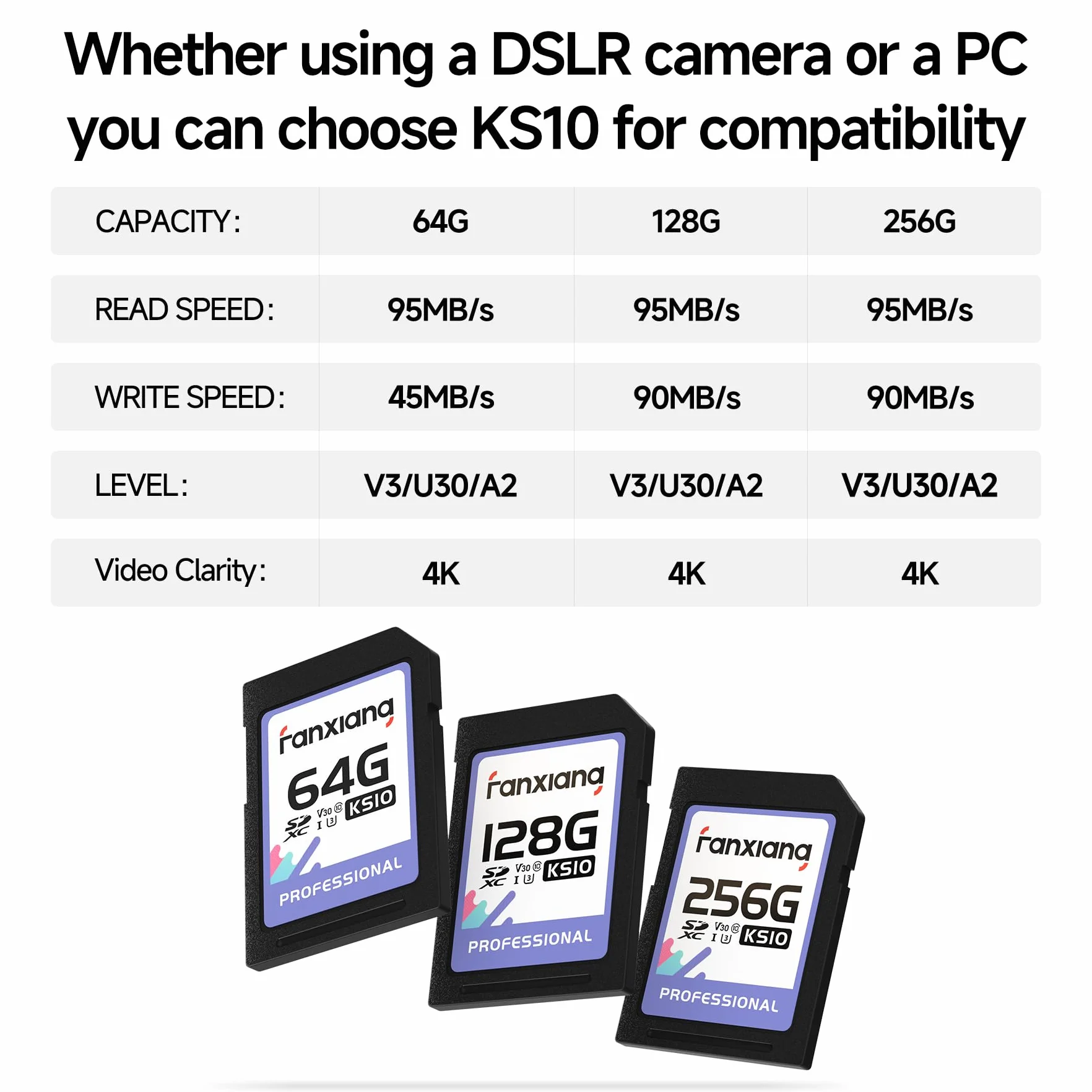 Fanxiang Carte SD 256 Go 100 Mo/s SDXC UHS-I V30 U3 Classe 10 pour Appareil Photo Vidéos 4K UHD
