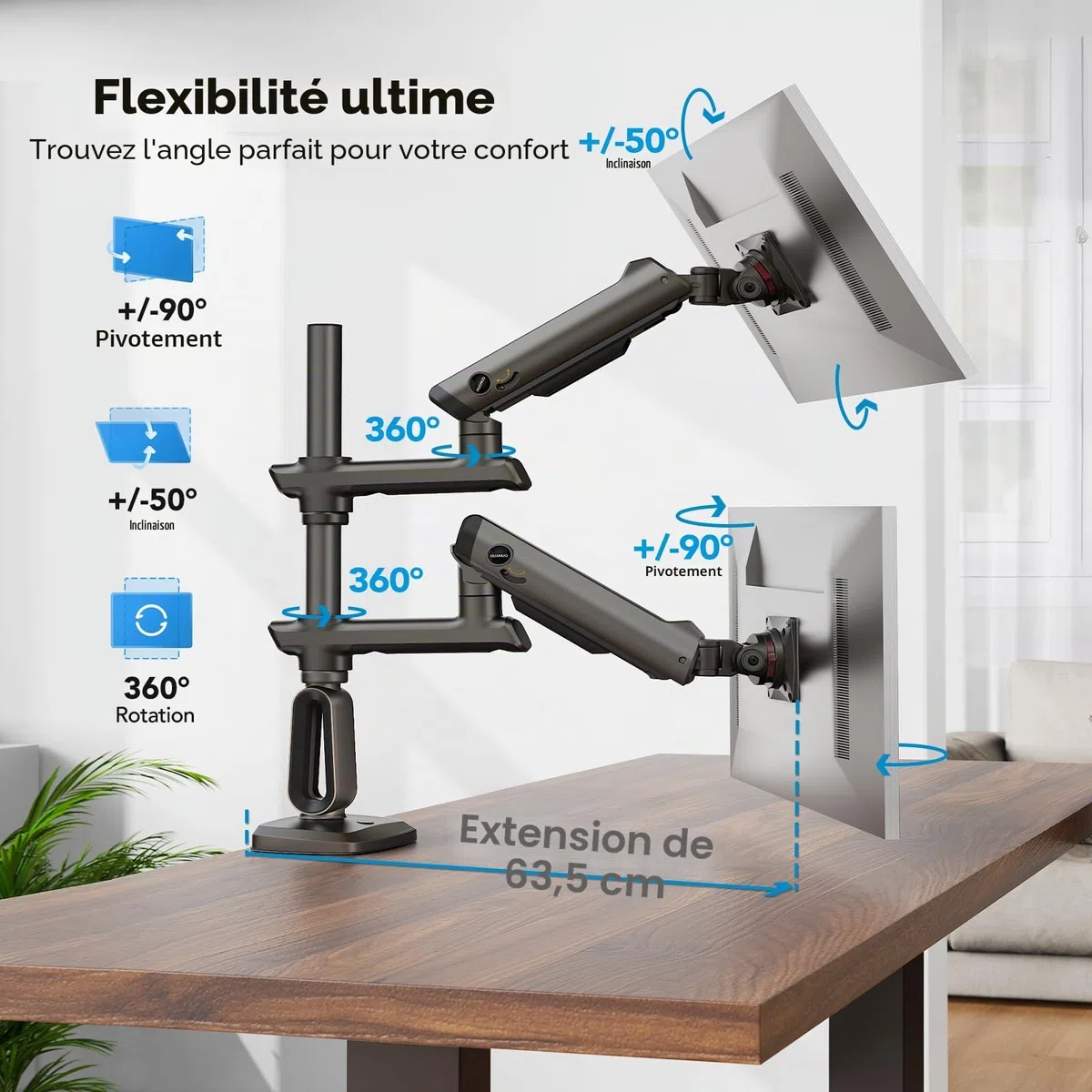 HUANUO Bras Écran PC 2 Écran Ultra-Large 13 à 49 Pouces à 18 kg, Support Double Écran PC Bureau Extra Haut e, Support Écran PC 2 Écran Empilé Verticalement et Réglable, VESA Max 100 x 100mm