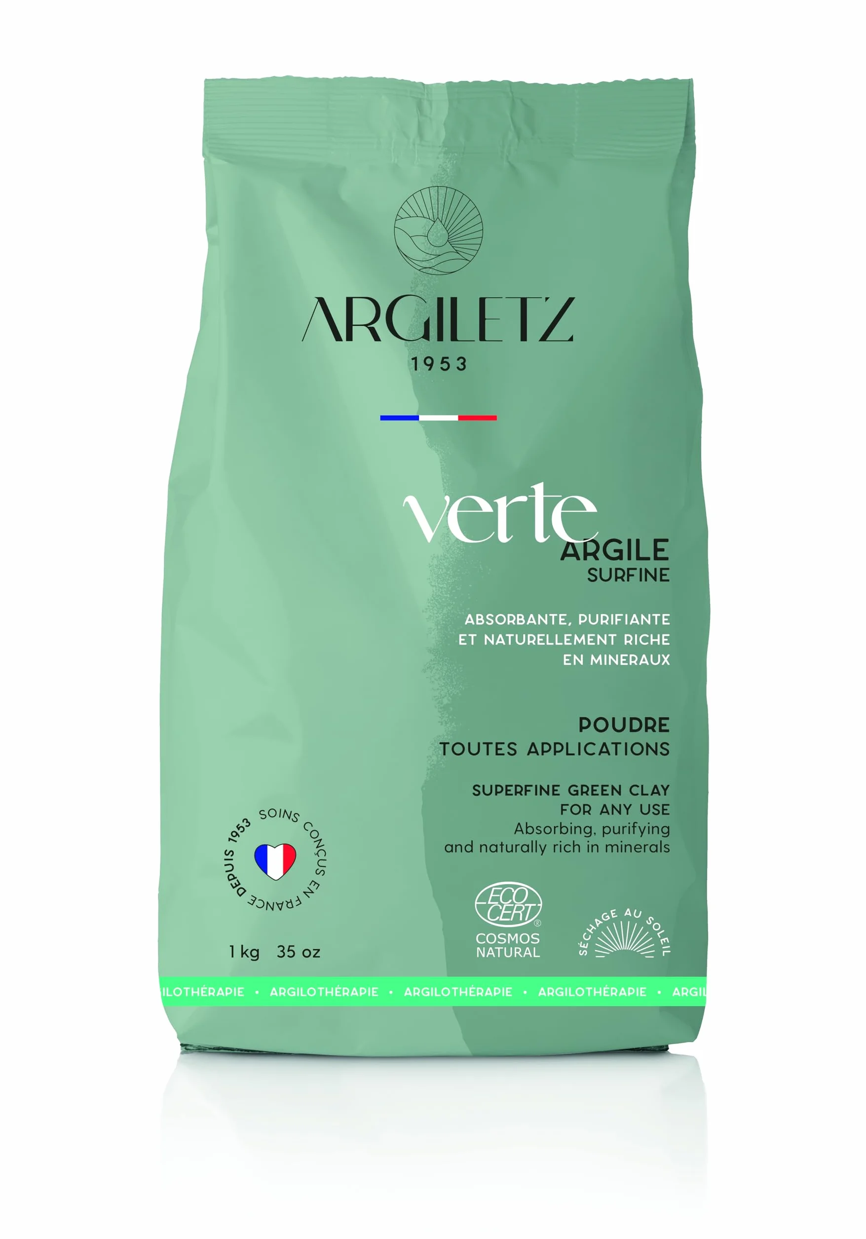 Argiletz Argile Verte Surfine 1kg Poudre Très Fine 60 Microns Masque Visage Soin Peau Douce Argile Naturelle Certifiée Cosmos Natural