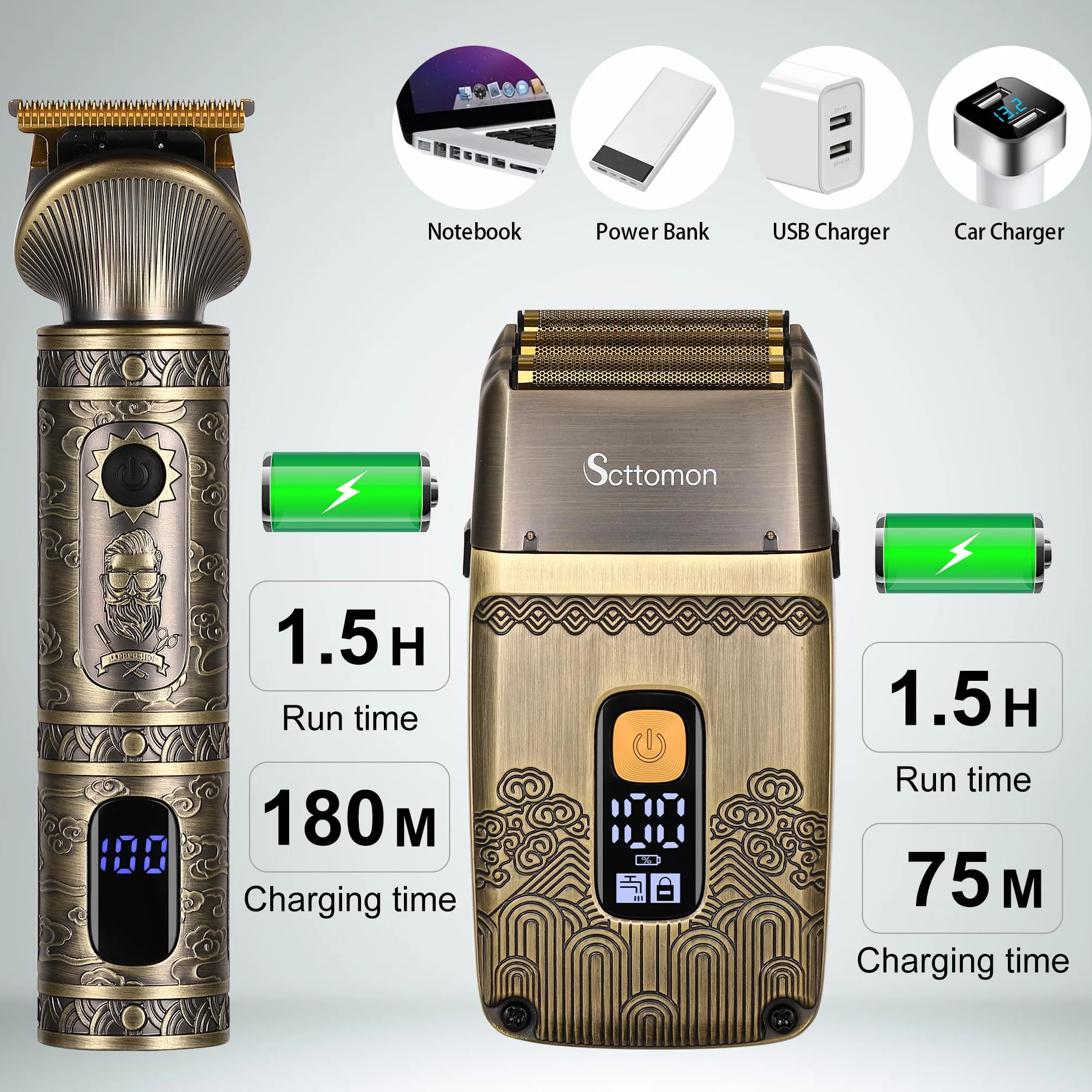 Tondeuse à Cheveux Hommes Scttomon T-Blade Rasoir Électrique Foil Rasoir Barbe Ensemble Sans Fil Trois Feuilles