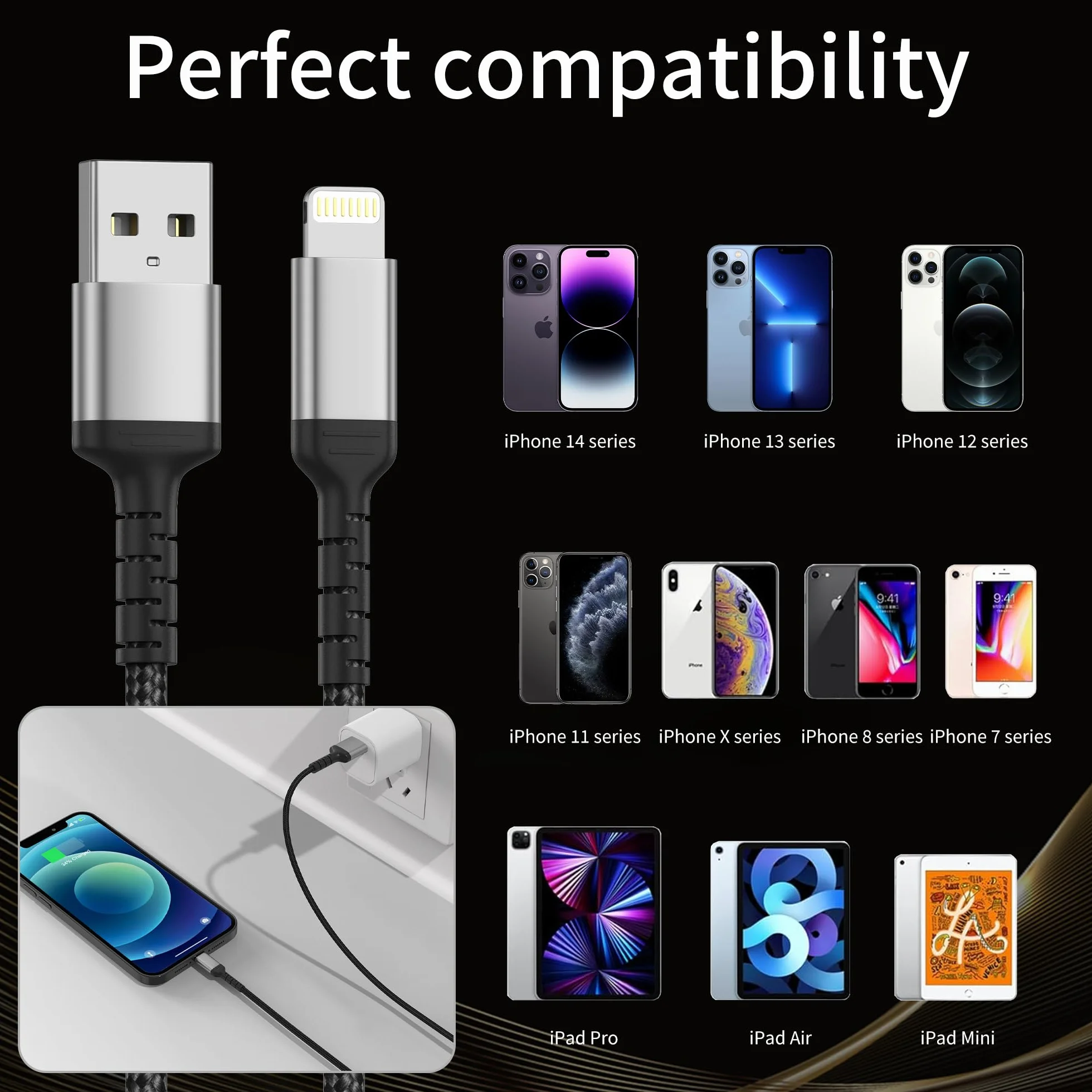 Lot de 2 câbles USB A vers Lightning 1 m - Certifié MFi - Câble de charge rapide 3 A - tressé pour iPhone 14 13 12 11 Pro Max