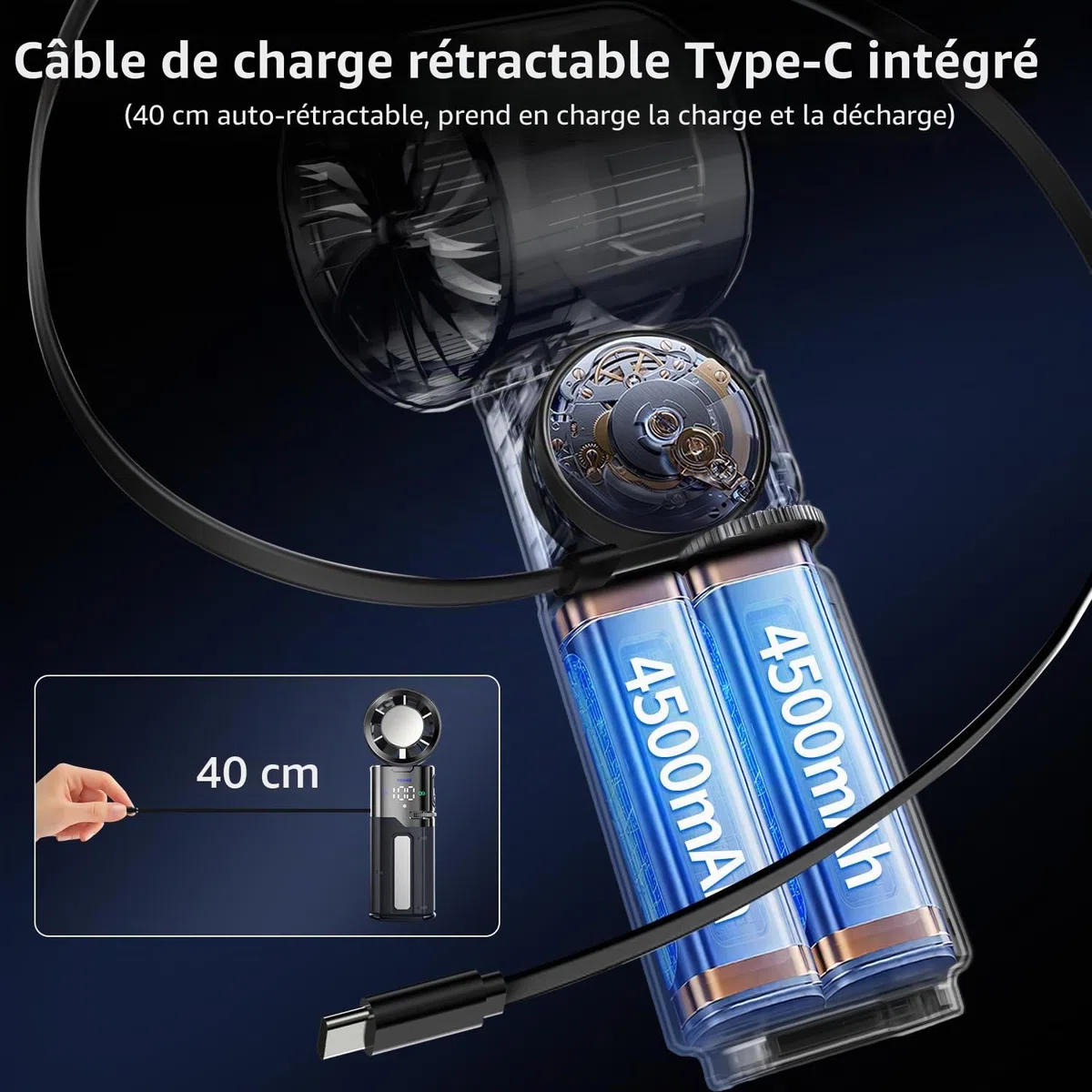 yAyusi Ventilateur Turbine Portable à Main, 9000 mAh Multifonction Ventilateur Refroidissement Rapide et Fonction Charge, 100 Vitesses, Câble Type-C Intégré et Écran LED, Idéal pour Voyage et Bureau