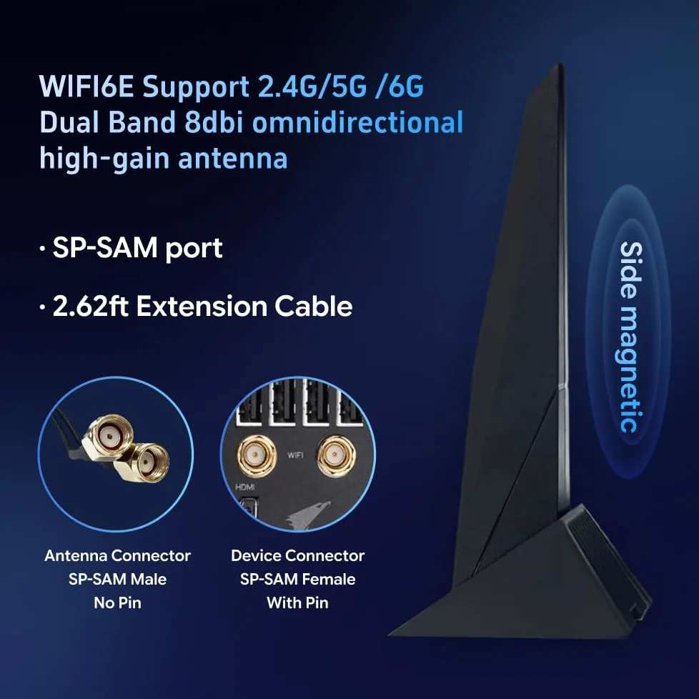 SAMXI SMA Antenne mobile WiFi Carte mère 2T2R 2.4G/5G WiFi6e pour ASUS Rog Strix Z270 Z370 X370 Z390 Z490 X570 Antenne de jeu double bande avec câble d'extension