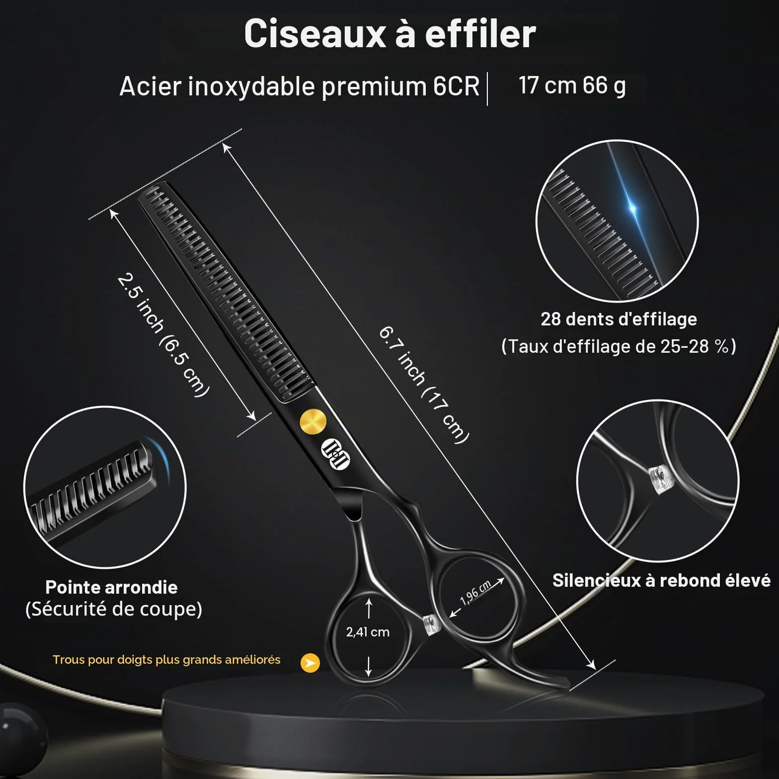 CIICII Ciseaux Coiffure Professionnel 6,7 Pouces Ciseau Cheveux & Ciseaux Desepaississant Cheveux pour Hommes Femmes Salon Noir