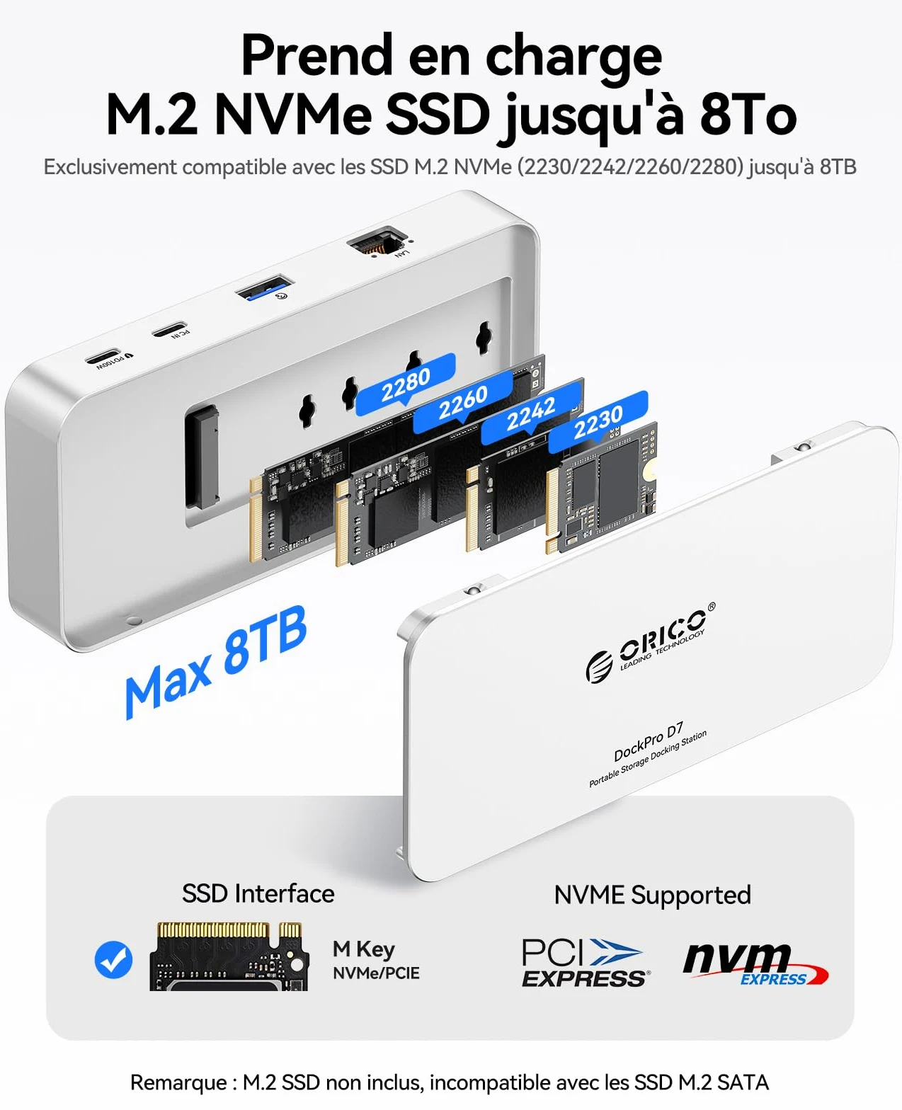 ORICO Hub USB C 7 en 1 avec boîtier SSD M.2 NVMe de 8 to, Station d'accueil avec Ports USB-C et USB-A 10 Gbit/s, 2 Ports USB-A 5 Gbit/s, 3.0 SD/TF, 100 W PD, Gigabit Ethernet, Station d'accueil