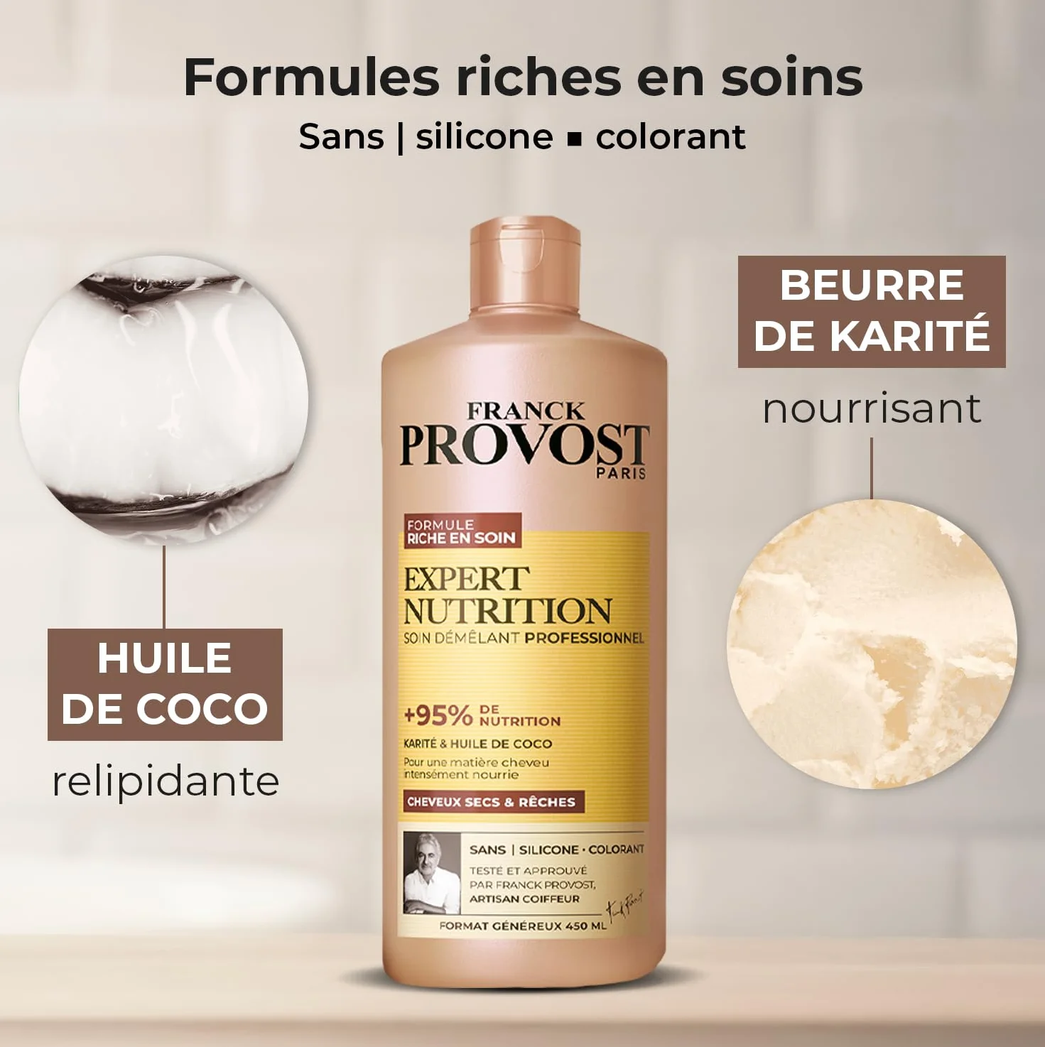 FRANCK PROVOST Expert Nutrition Soin Démêlant Professionnel Formule Riche En Soin Karité Huile De Coco Sans Silicone Sans Colorant Cheveux Secs Rêches 450 ml