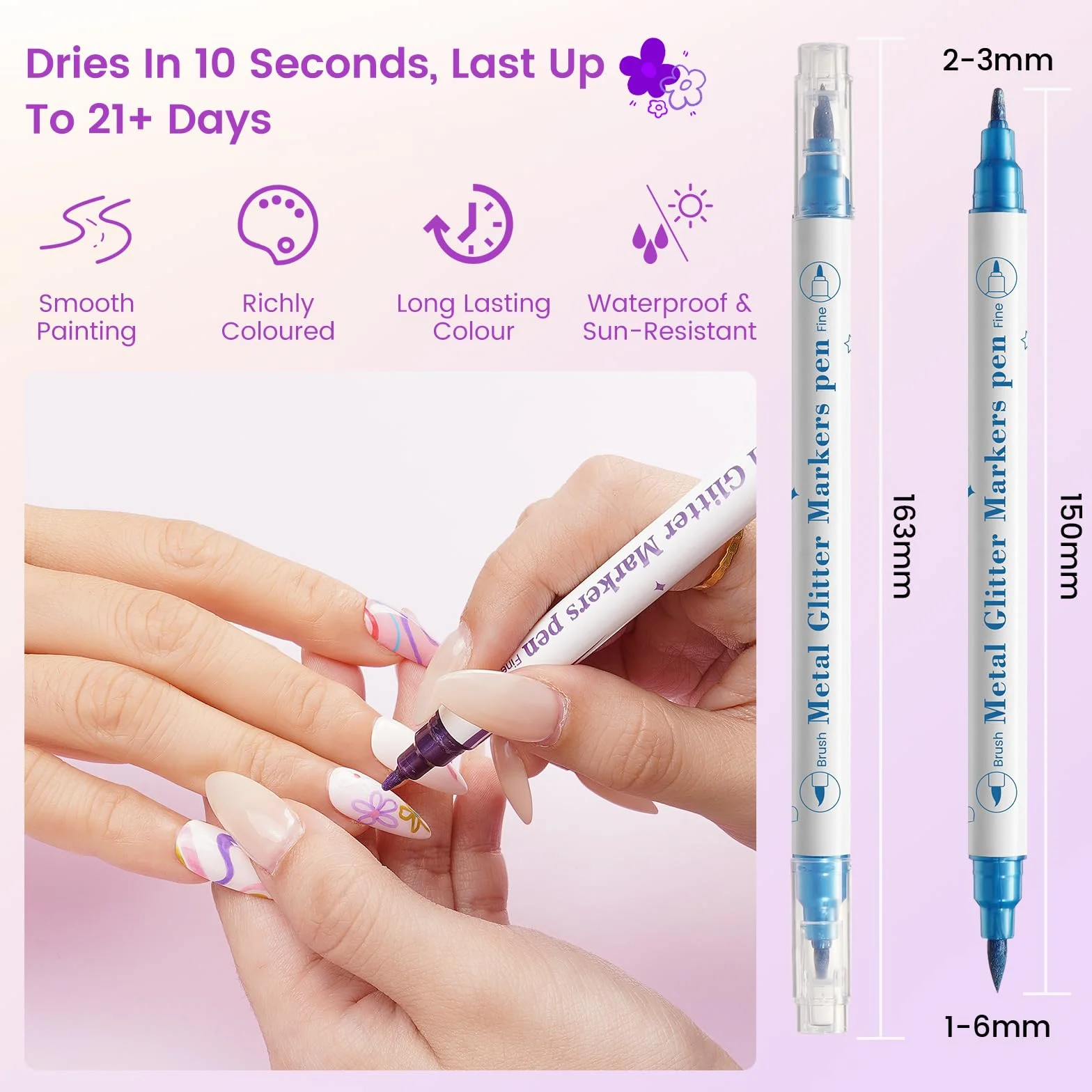 Stylos Nail Art 3D Double Pointe Métallique Vernis à Ongles Graffiti Pointe Fine Séchage Rapide 10 Couleurs