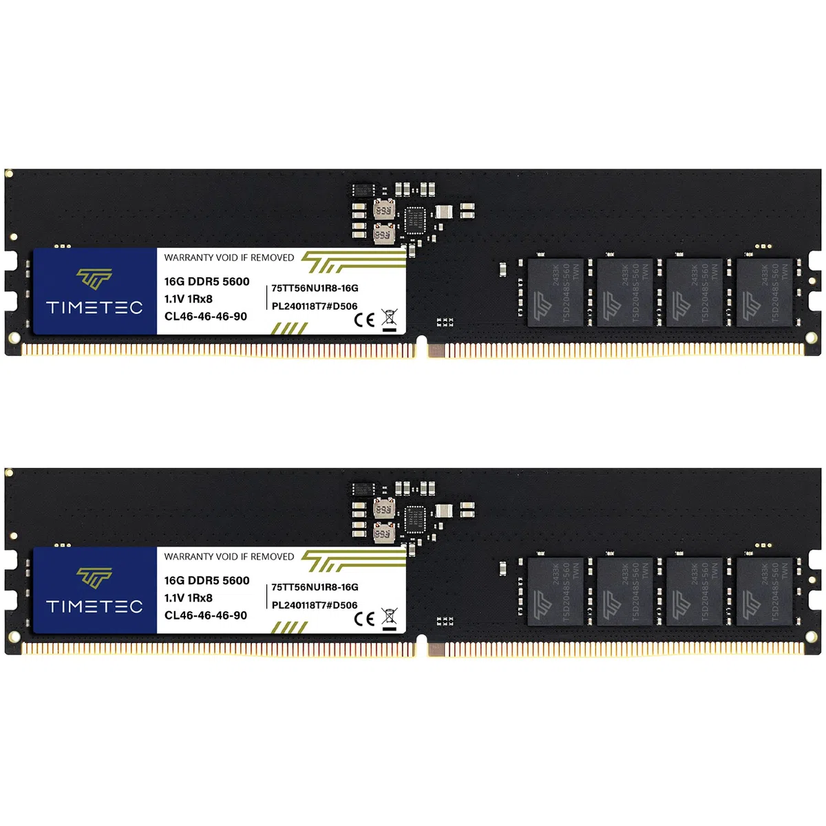 Timetec Kit de mémoire RAM pour ordinateur de bureau 32 Go (2 x 16 Go) DDR5 5600 MHz PC5-44800 Unbuffered Non-ECC 1.1V CL46 1Rx8 Sinlge Rank 288 broches UDIMM