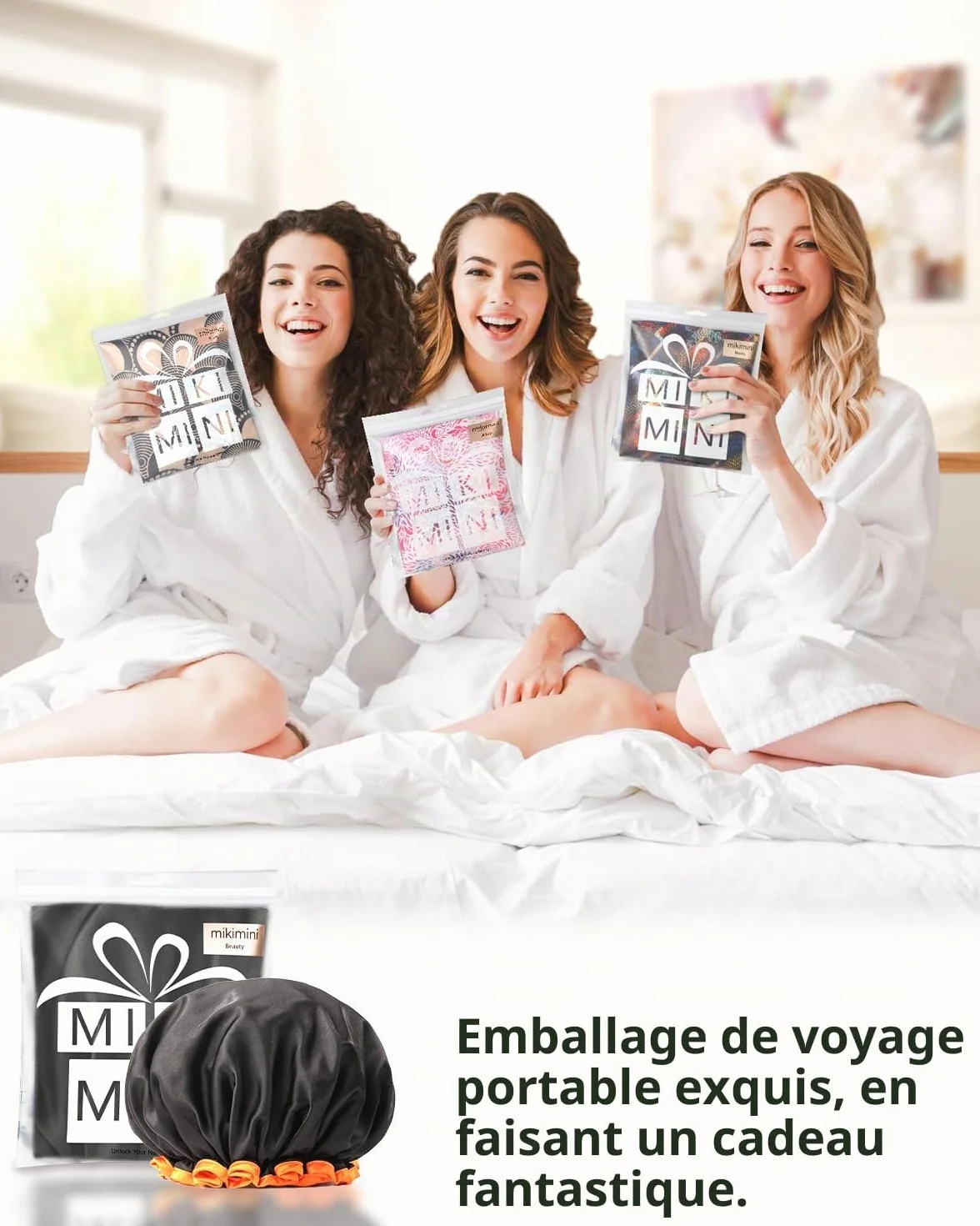 mikimini Bonnet de Douche Noir Imperméable Réutilisable à Double Couche pour Cheveux Longs