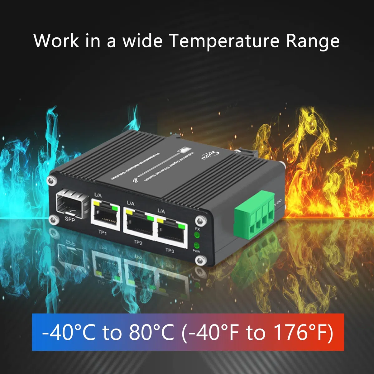 Mini commutateur Ethernet Gigabit industriel à 3 ports, avec RJ45 10/100/1000 Mbps, 1 port SFP, convertisseur de média à fibre optique sur rail DIN, IP40, -40 ℃ ~ 75 ℃