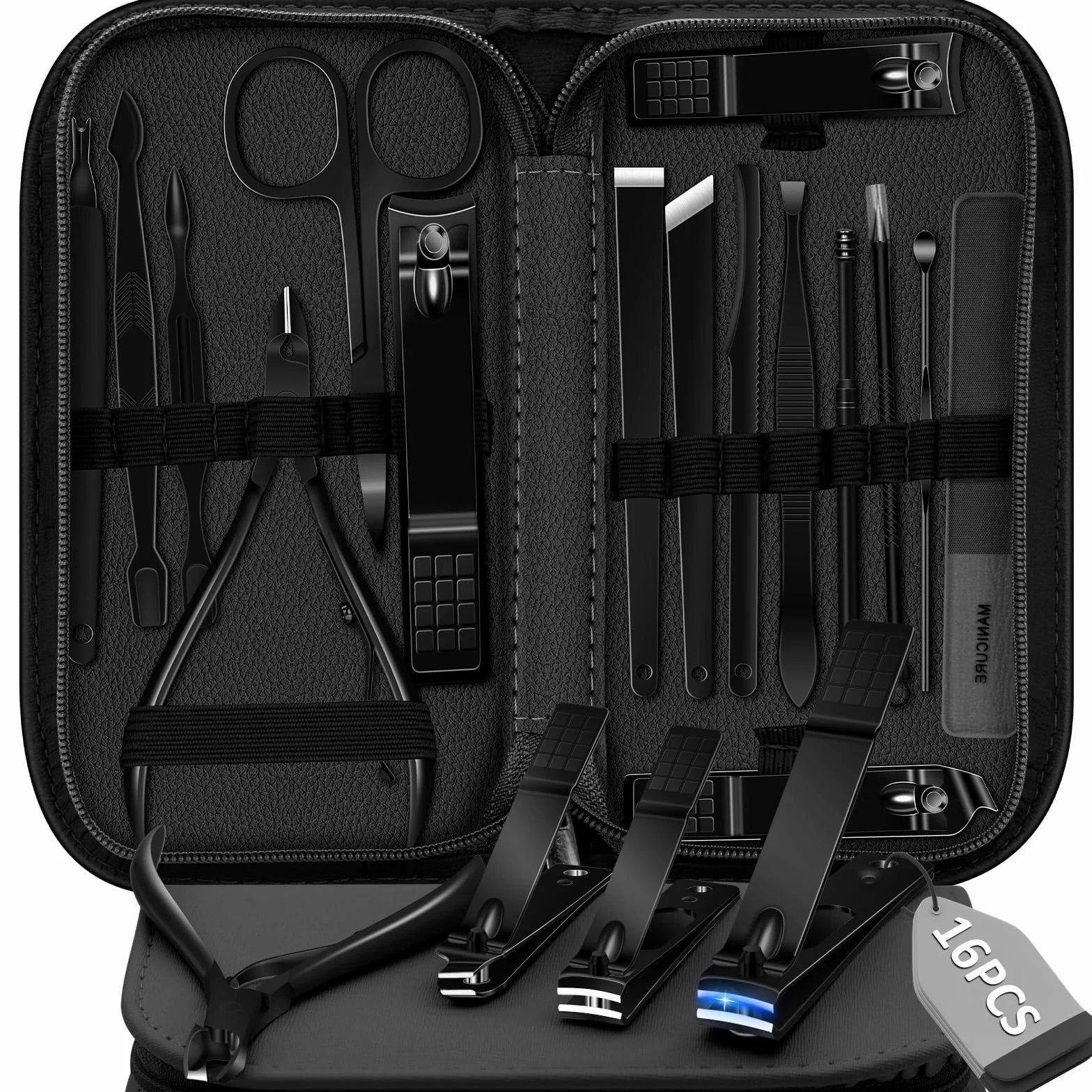 Kit Manucure Pédicure Acier Inoxydable 16 Pinces à Ongles Professionnel avec Étui Voyage Cuir Noir