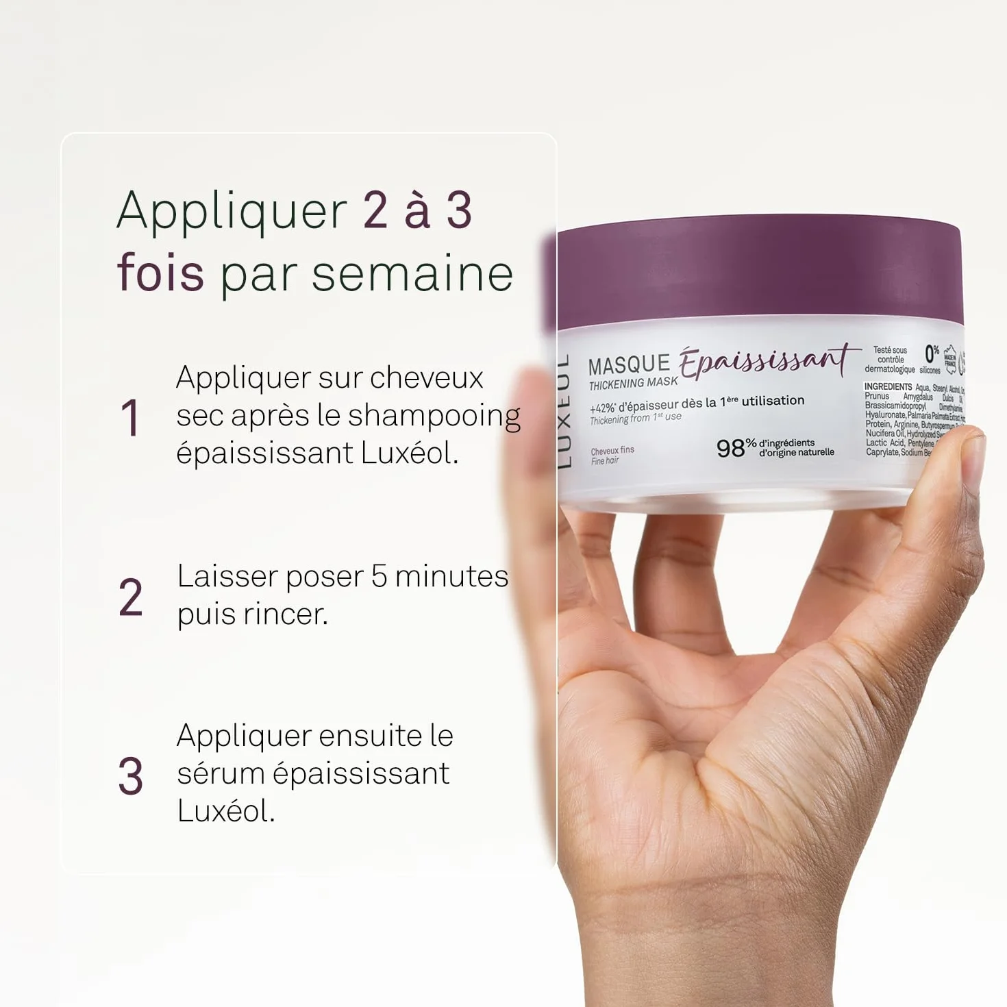 LUXEOL Masque Cheveux Epaississant 200 ml Algue Rouge Acide Hyaluronique Protéine de Riz