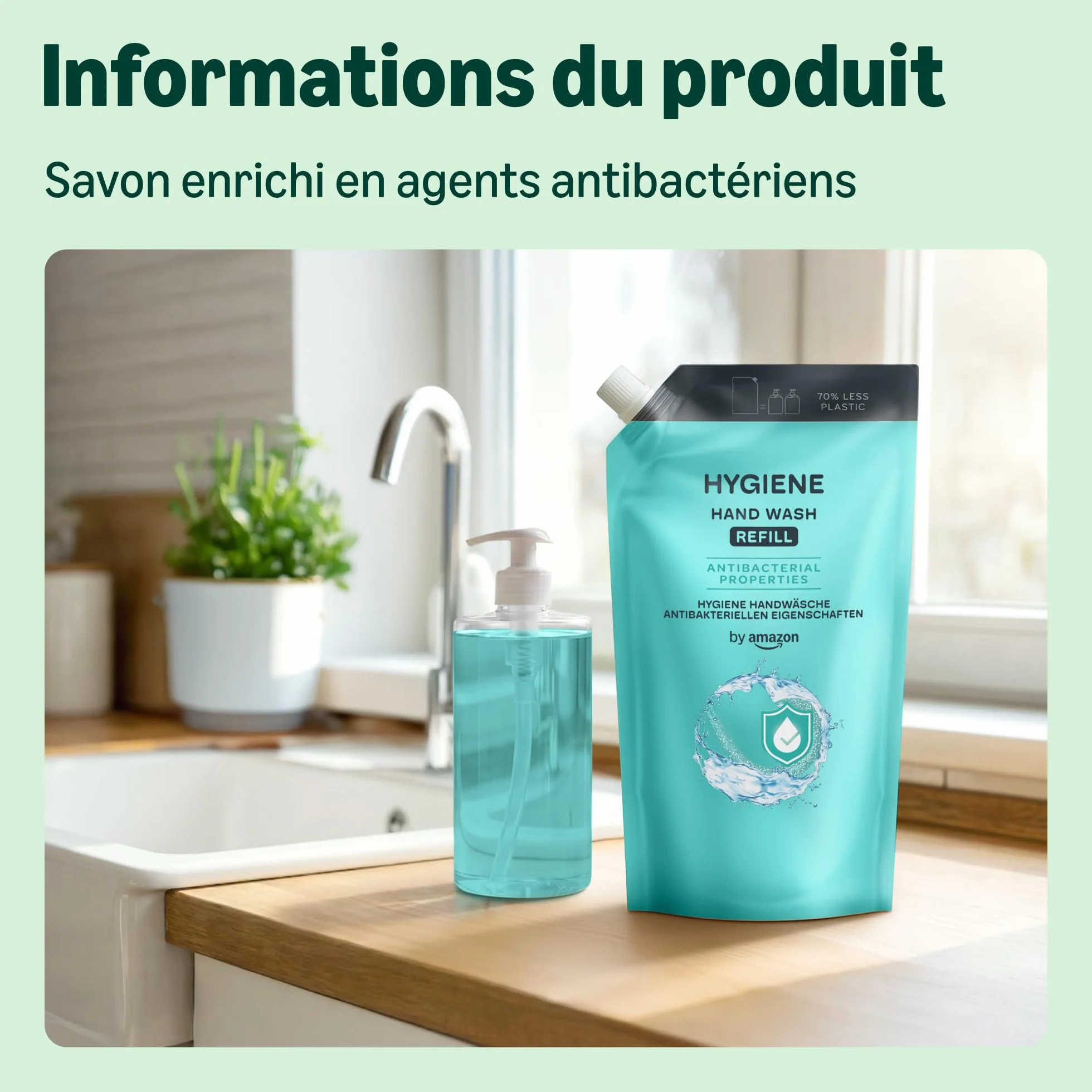 Savon pour les mains antibactérien recharge Amazon 2 x 1 000 ml