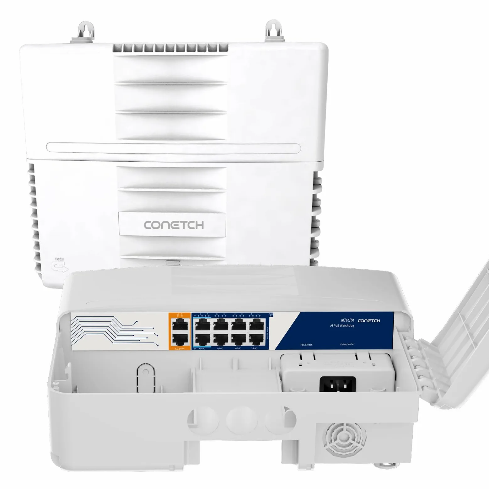 Commutateur PoE extérieur à 10 ports avec 2 liaisons montantes | Étanchéité IP65 | Puissance intégrée de 120 W | IEEE802.3af/at/bt | AI Watchdog | Protection contre la foudre 6KV | Boîtier