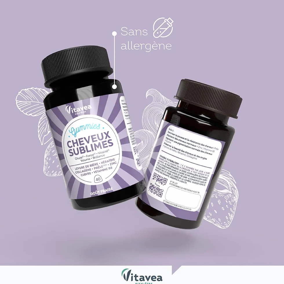 Vitavea Gummies Cheveux Sublimes Biotine Levure de Bière Kératine Zinc Collagène Anti-Chute Brillance 40 Gummies Fruits Rouges