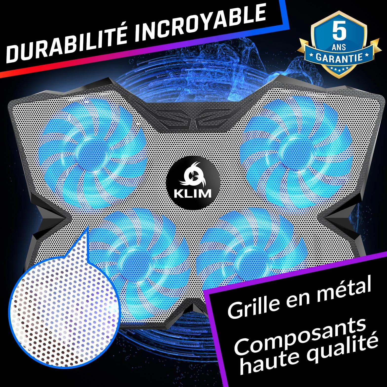 KLIM Wind Refroidisseur Ordinateur Portable 4 Ventilateurs Silencieux PC Portable PS5 PS4 Blanc Bleu