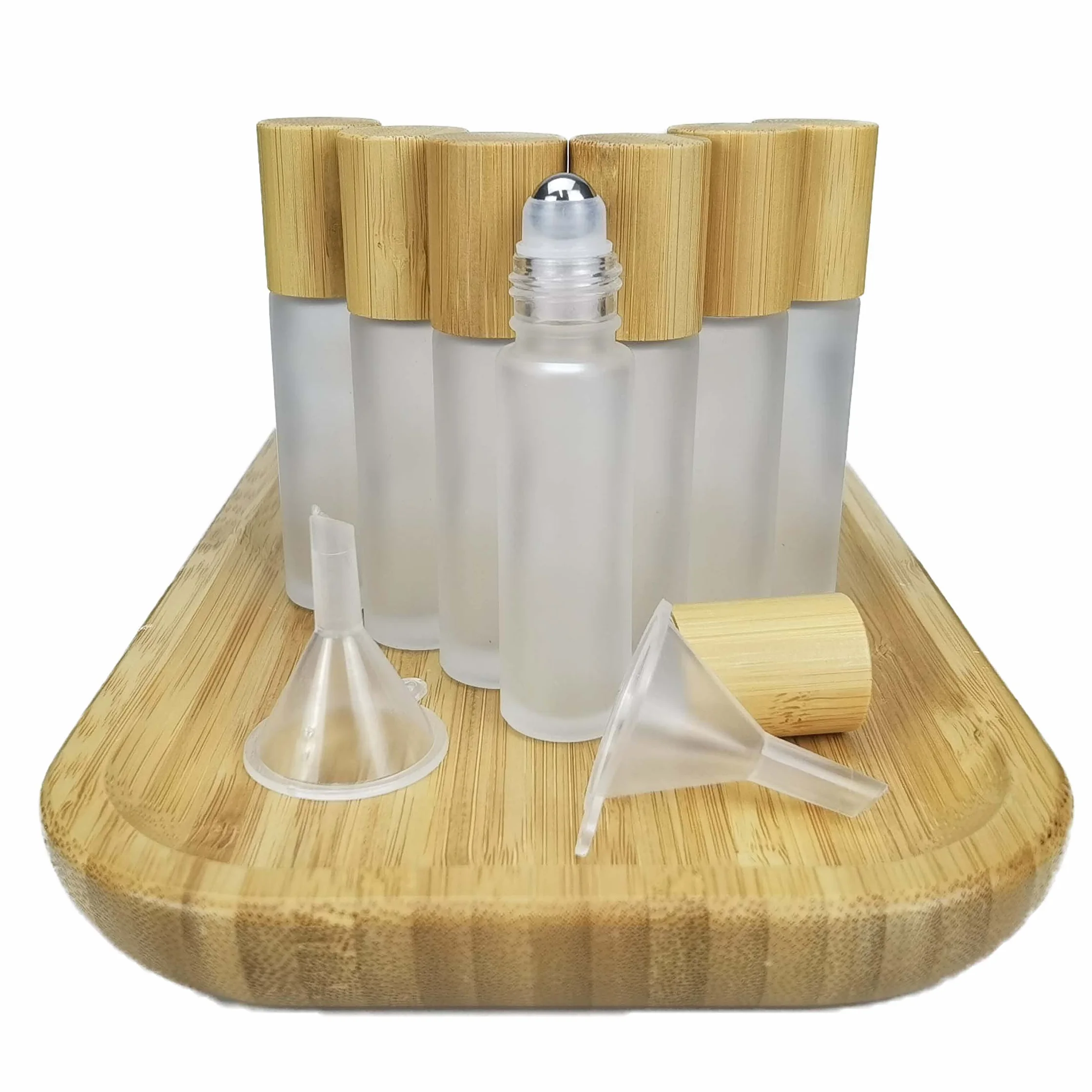 Flacons à bille en verre dépoli 10 ml avec couvercle en bambou pour huiles essentielles