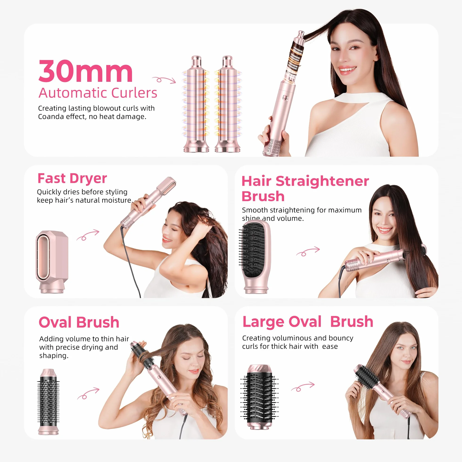 MogaWave Pro Airbrush Air Styler 1000W Brosse Soufflante Seche Cheveux Brushing Boucleur