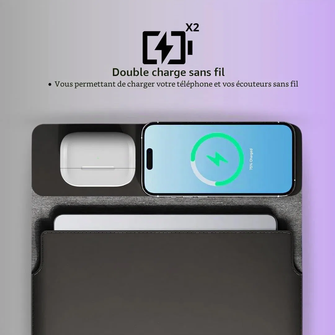 Housse pour ordinateur portable avec chargement sans fil | Housse multifonctionnelle 4-en-1 en cuir, tapis de souris et tapis de bureau | Charge rapide pour téléphones et écouteurs | Protection