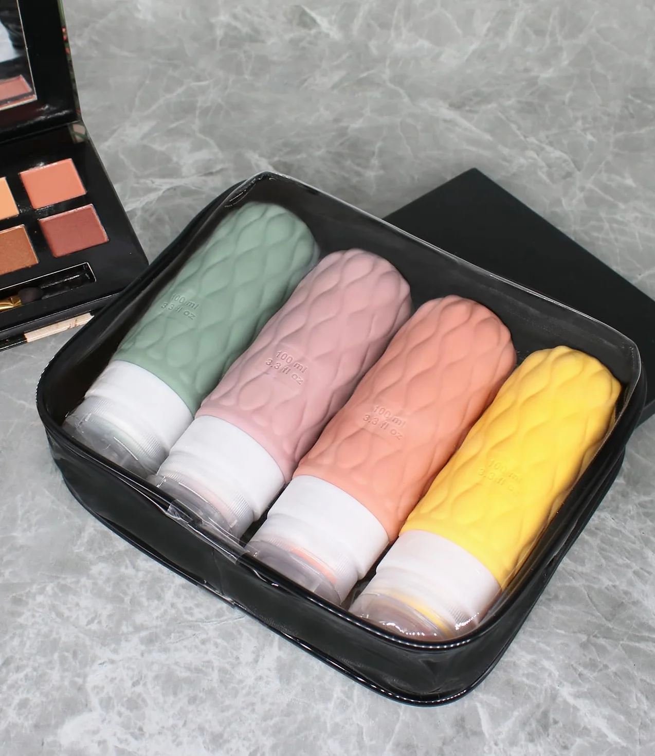 Lericttor 100 ml Flacons de Voyage en Silicone Lot de 4 avec Trousse de Toilette Rechargeable