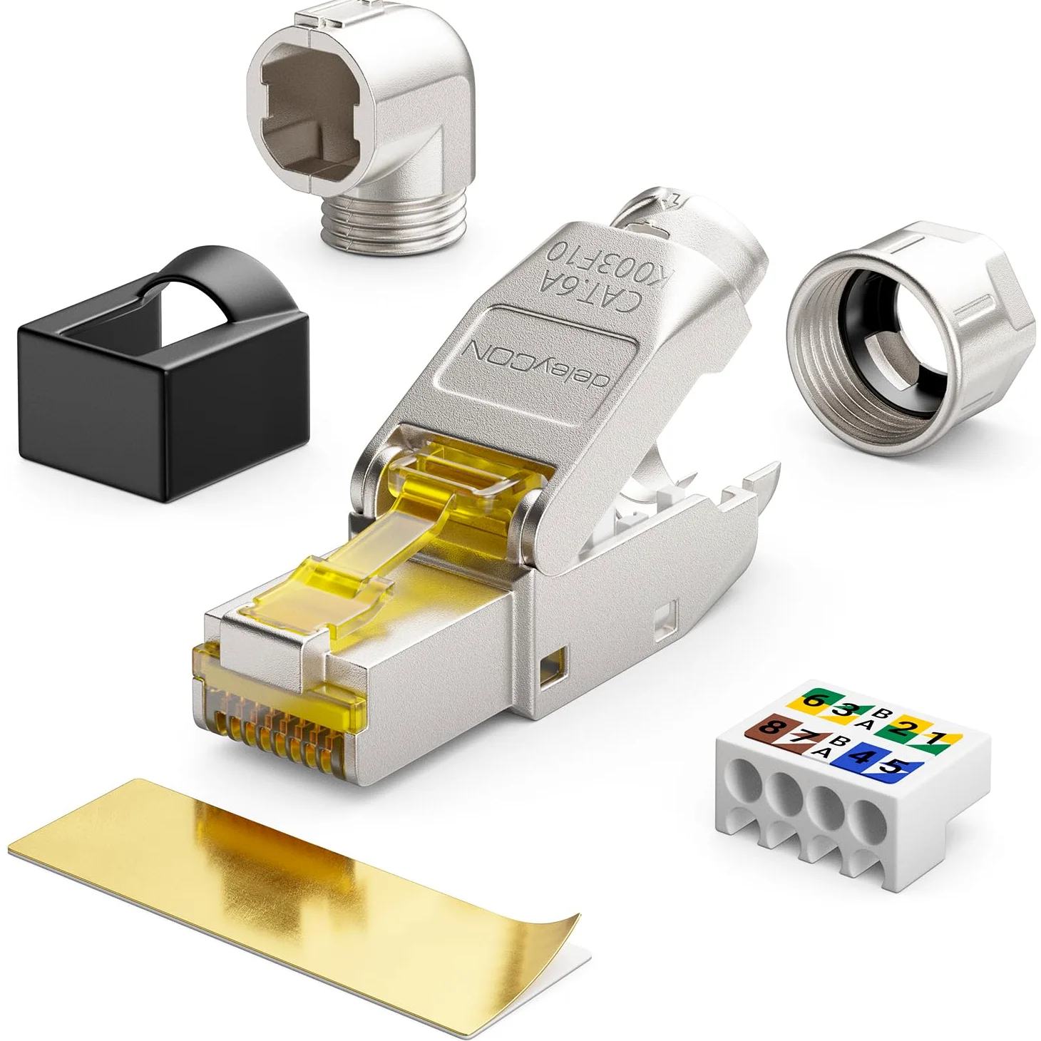 deleyCON 12x Connecteur Réseau RJ45 Cat 6a Coudé 90° sans Outil, Blindé, 10 Gbit/s - pour Câbles D’installation Rigides - Ethernet LAN/DSL, Patch | Sans outil, blindé, pour câble de pose rigide, câble brut, connecteur RJ45 Ethernet LAN DSL câble patch