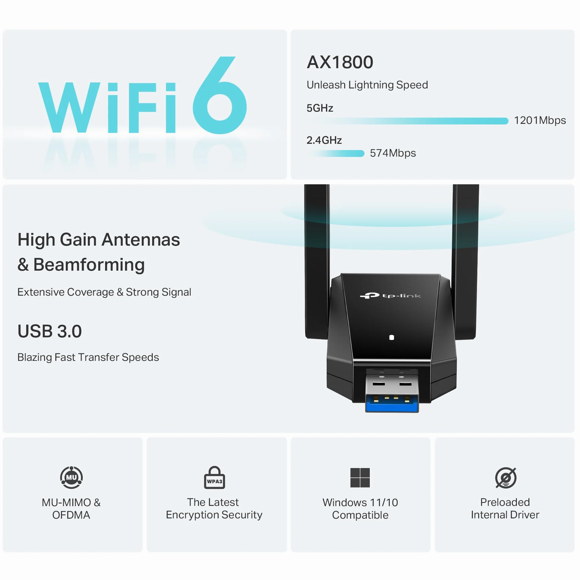 TP-Link - Adaptateur USB 3.0 WiFi pour PC (Archer TX30U Plus)-AX1800 WiFi 6 Adaptateur réseau sans Fil Plug and Play Double Bande avec 2,4 GHz, 5 GHz, 2 antennes à Gain élevé, WPA3