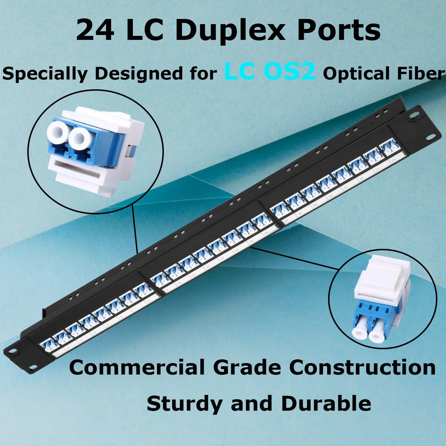Panneau de brassage en fibre optique 1U avec 24 adaptateurs de fibre optique monomode LC OS2, coupleurs Keystone Jack modulaire avec clé en ligne blanche, connecteurs monomode pour racks