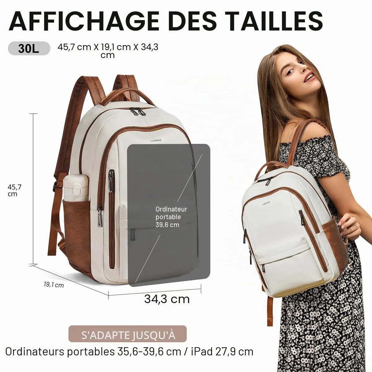 LATMAP Sac à dos de 30 l pour homme et femme - Sac à dos en cuir synthétique - Sac à dos de voyage pour enseignant - Pour ordinateur portable de 15,6"