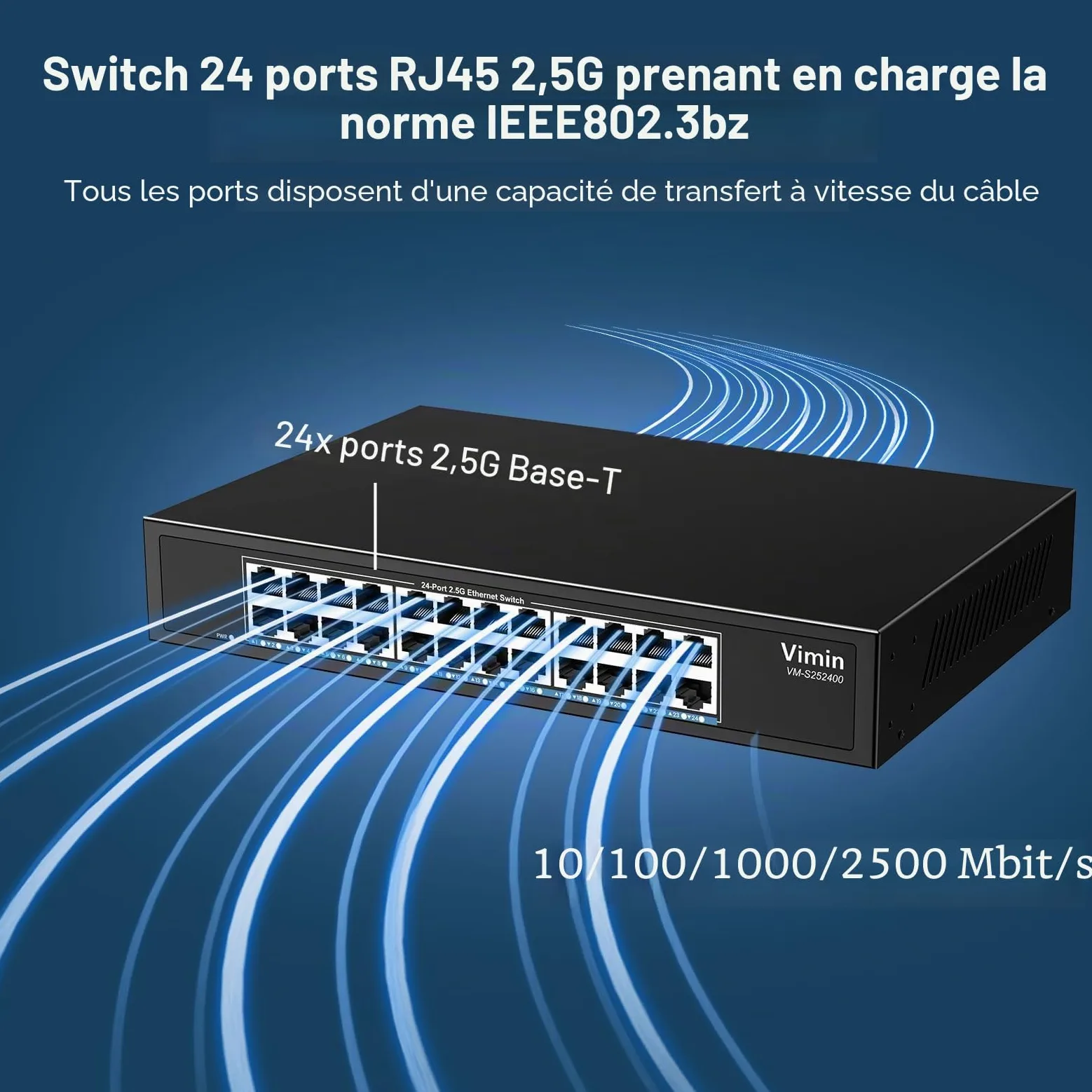 2,5Gb Switch 24 Port, Commutateur Ethernet 2,5G Non Géré, 24 Ports 2,5 Go Base-T Commutateur RéSeau Plug & Play, 2,5 Gigabit Switch Compatible avec 10/100/1000/2500 Mbps