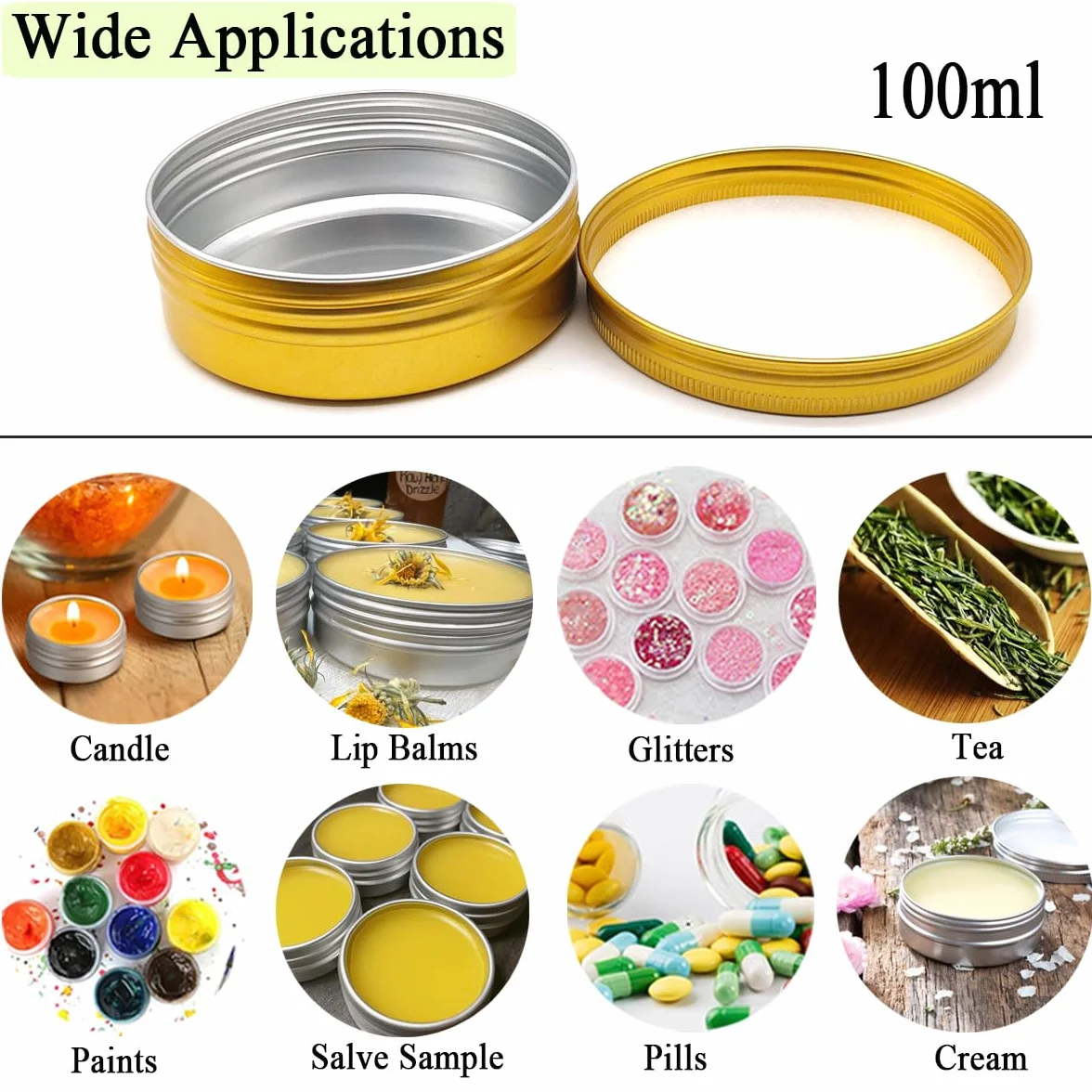 Bocaux en aluminium 100 ml doré avec couvercle à vis lot de 6 pour DIY baume à lèvres crème de visage