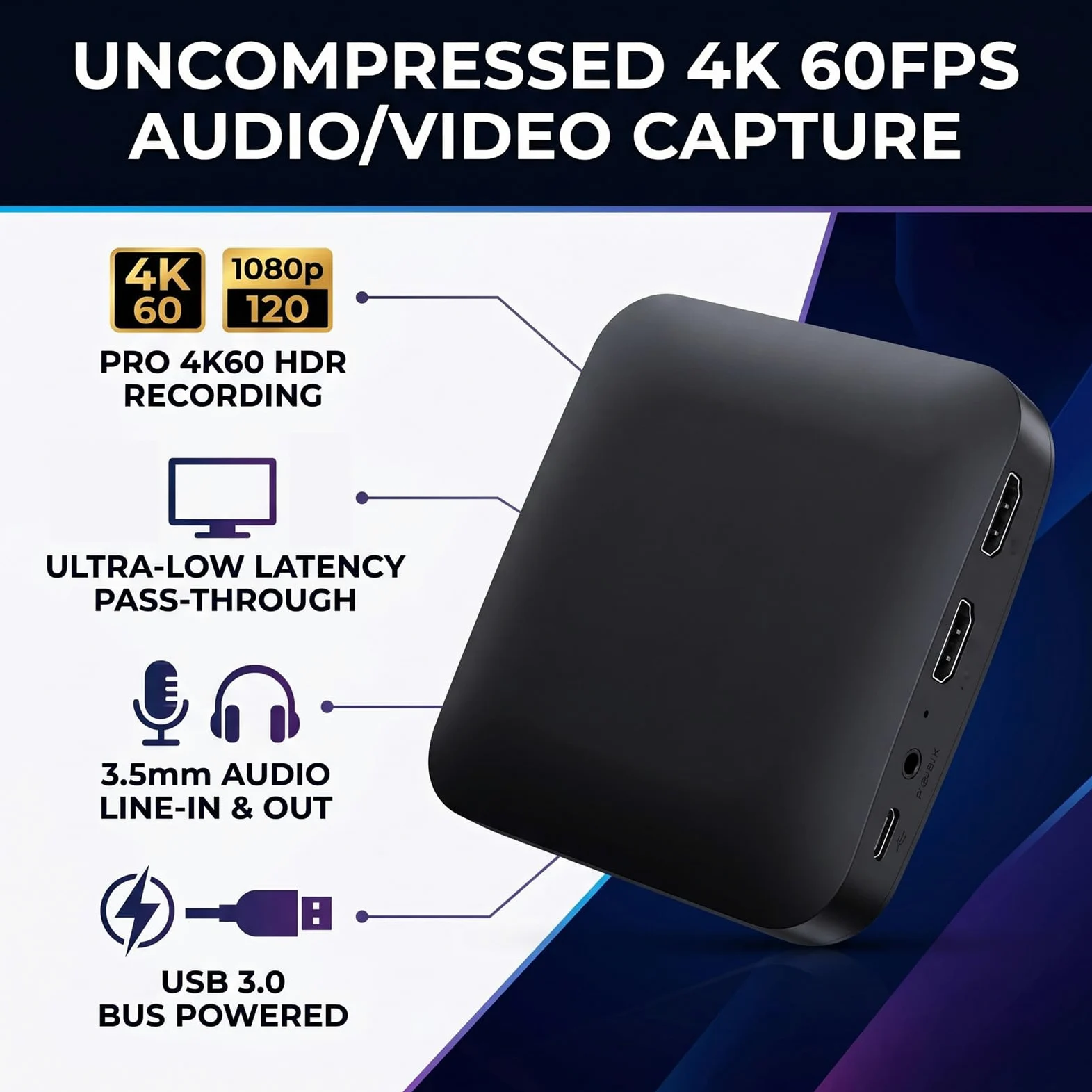 Annadue Carte de Capture Externe 4K pour P5, Série X/S, PC, Entrée 2160p60 HDR ou 1080p240, Carte de Capture Vidéo HDMI vers USB3.0 pour Le Streaming en Direct/Jeu, Latence Proche