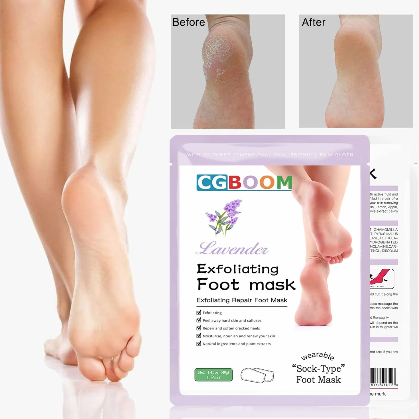 Masque Peeling Pieds Exfoliant Nourrissant Callosités Crevasses Pieds Secs Lavande