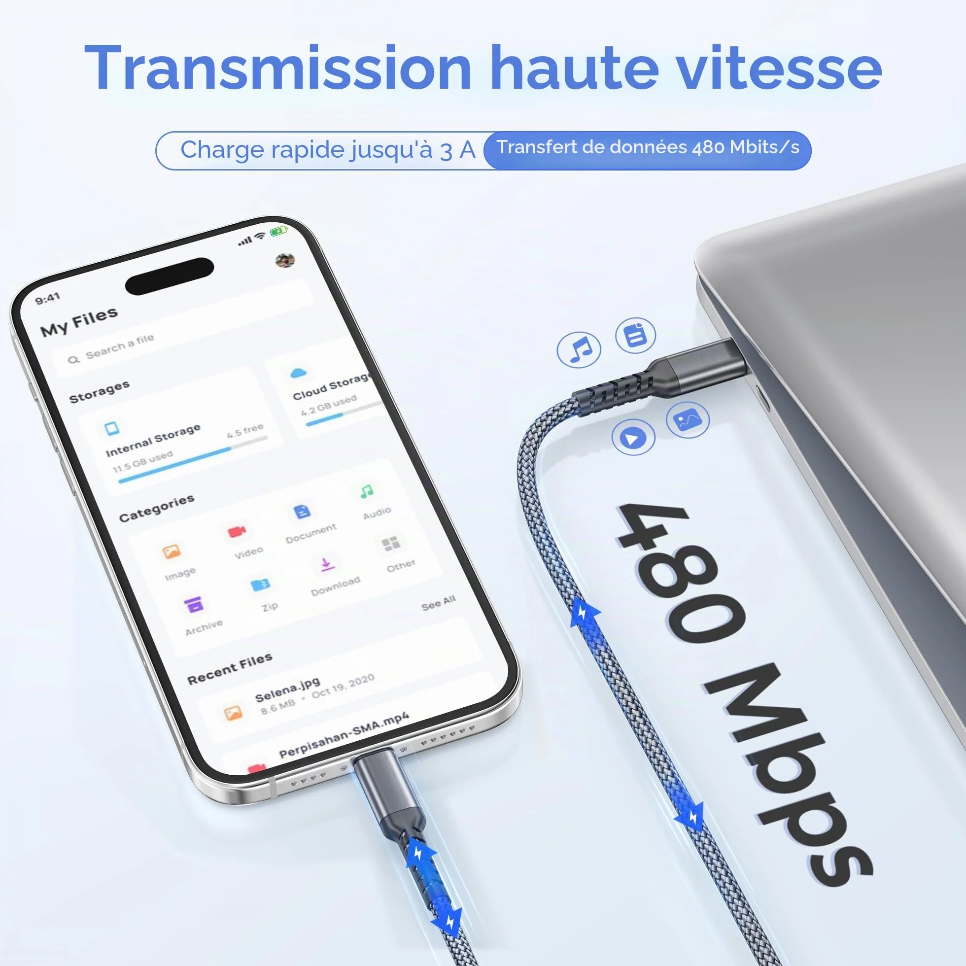 BASESAILOR Câble Chargeur USB C vers Lightning 3M Adaptateur USB A Cordon Alimentation Type C PD Charge Rapide pour iPhone 14 13 12 11 Pro Max XR SE Airpods iPad