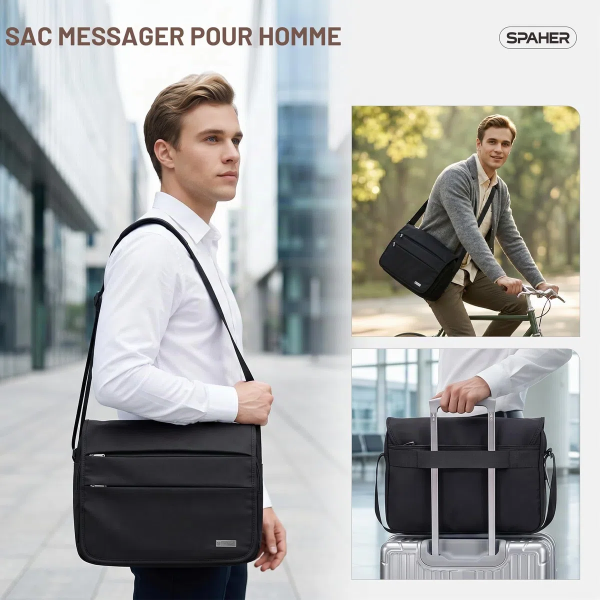 SPAHER Grand 14 Pouces Porte-Documents pour Ordinateur Portable Sac à Bandoulière pour Hommes Travail Messager Bureau d'affaires Sac à Bandoulière étanche Cadeau de Voyage pour Ordinateur Portable