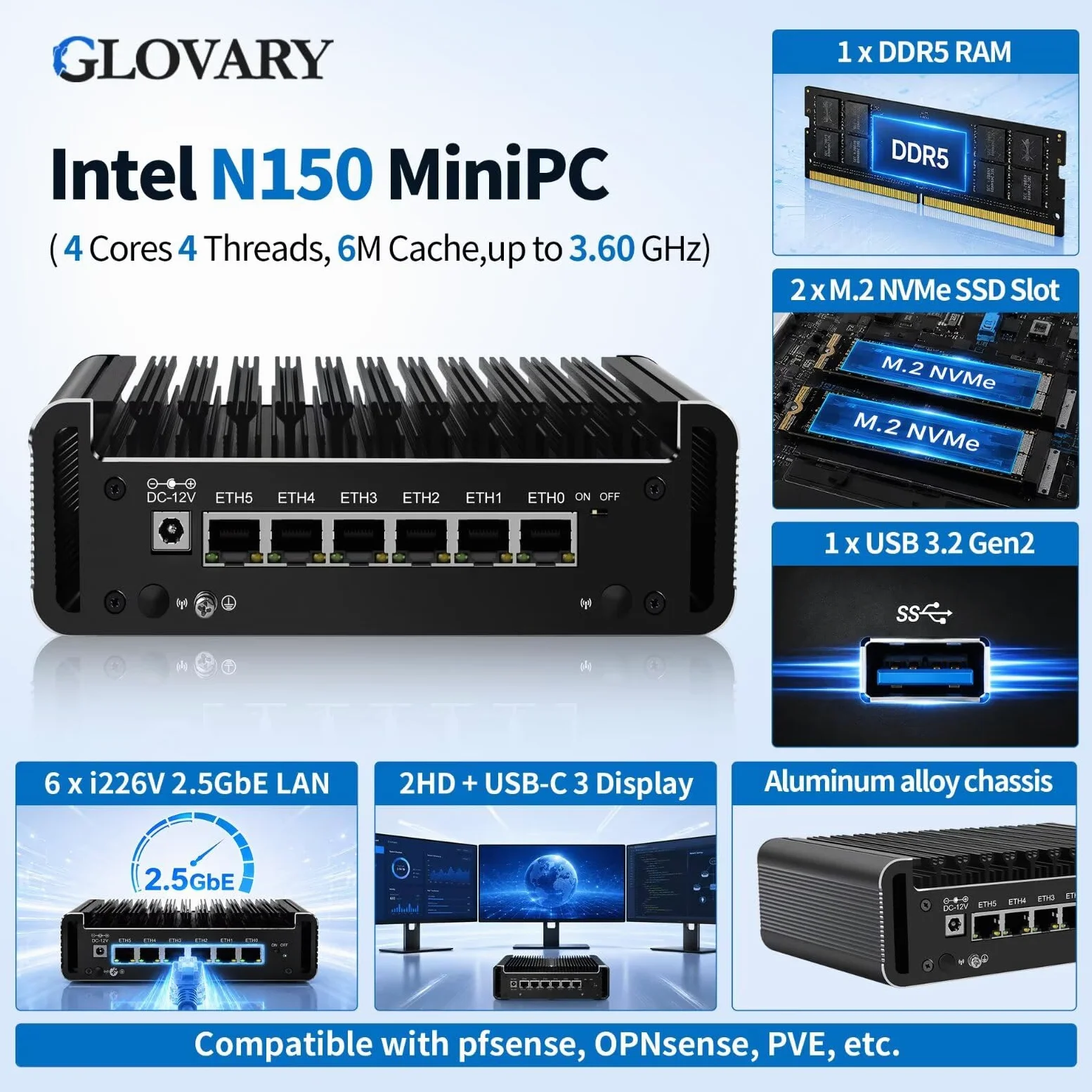 N150 Mini PC Firewall (N100 Upgrade), 6 x 2.5 GoE i226V LAN Fanless OPNsense Router Computer, DDR5 8 Go RAM 128 Go NVMe SSD, AES-NI, 2HD + USB-C 3 Display, 2 x M.2 NVMe Slot
