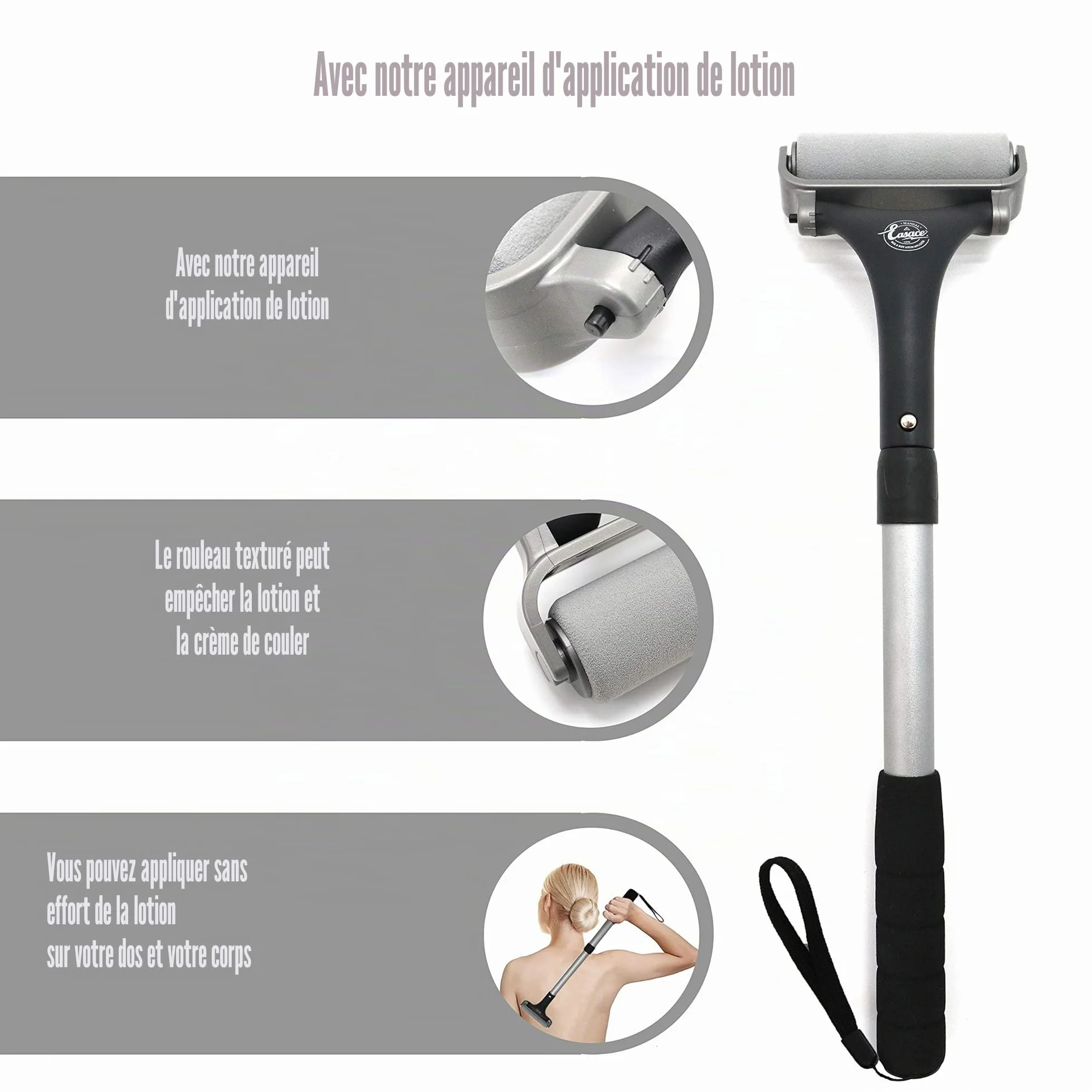 Easace Applicateur de lotion pour le dos et le corps, brosse de douche auto-application, argent