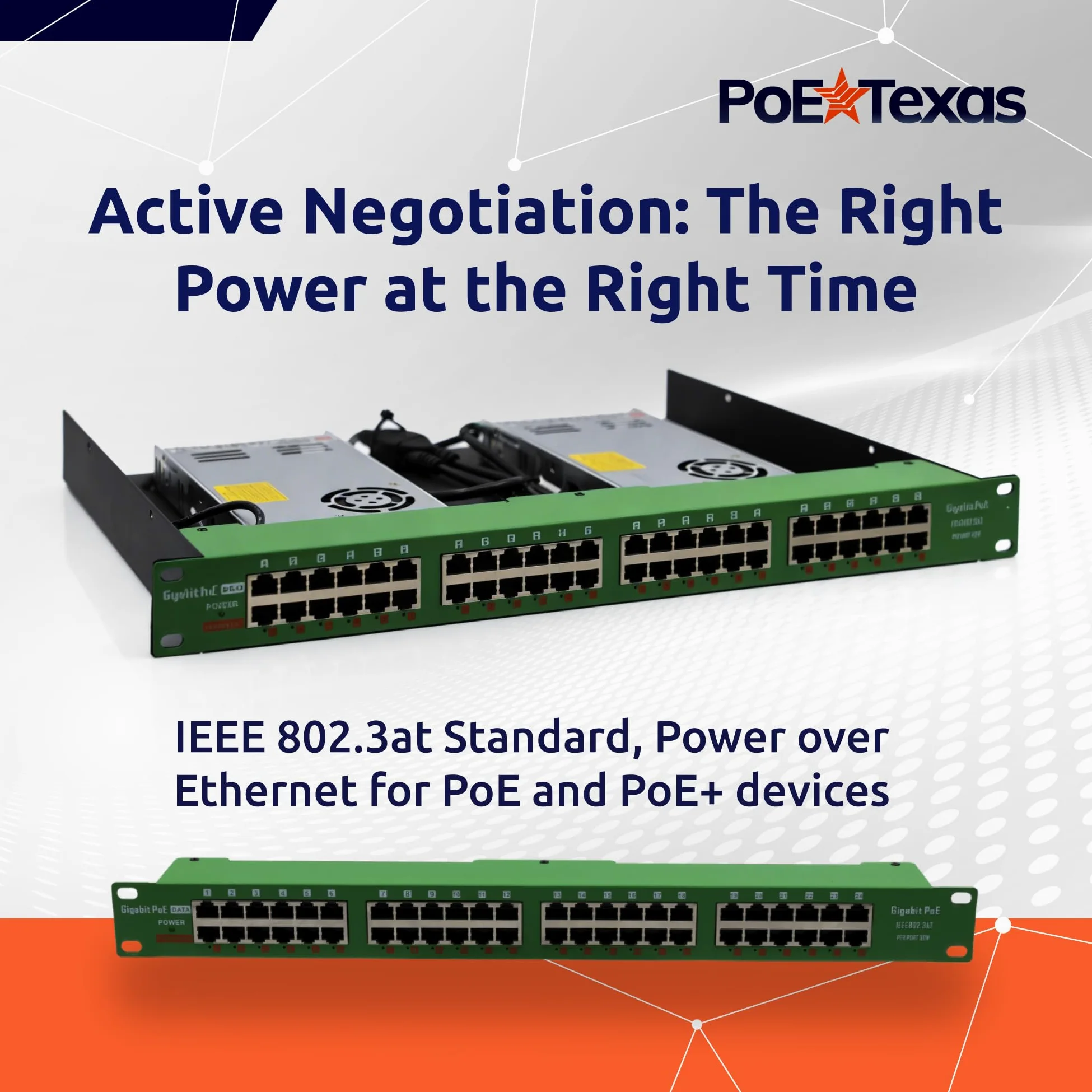PoE Texas Injecteur PoE+ IEEE 802.3at à 24 ports - Obtenez un PoE+ complet sur chaque port - Puissance totale de 700 W - Taux de données 10/100/1000 Gigabit - Injecteur PoE+ actif pour points d'accès