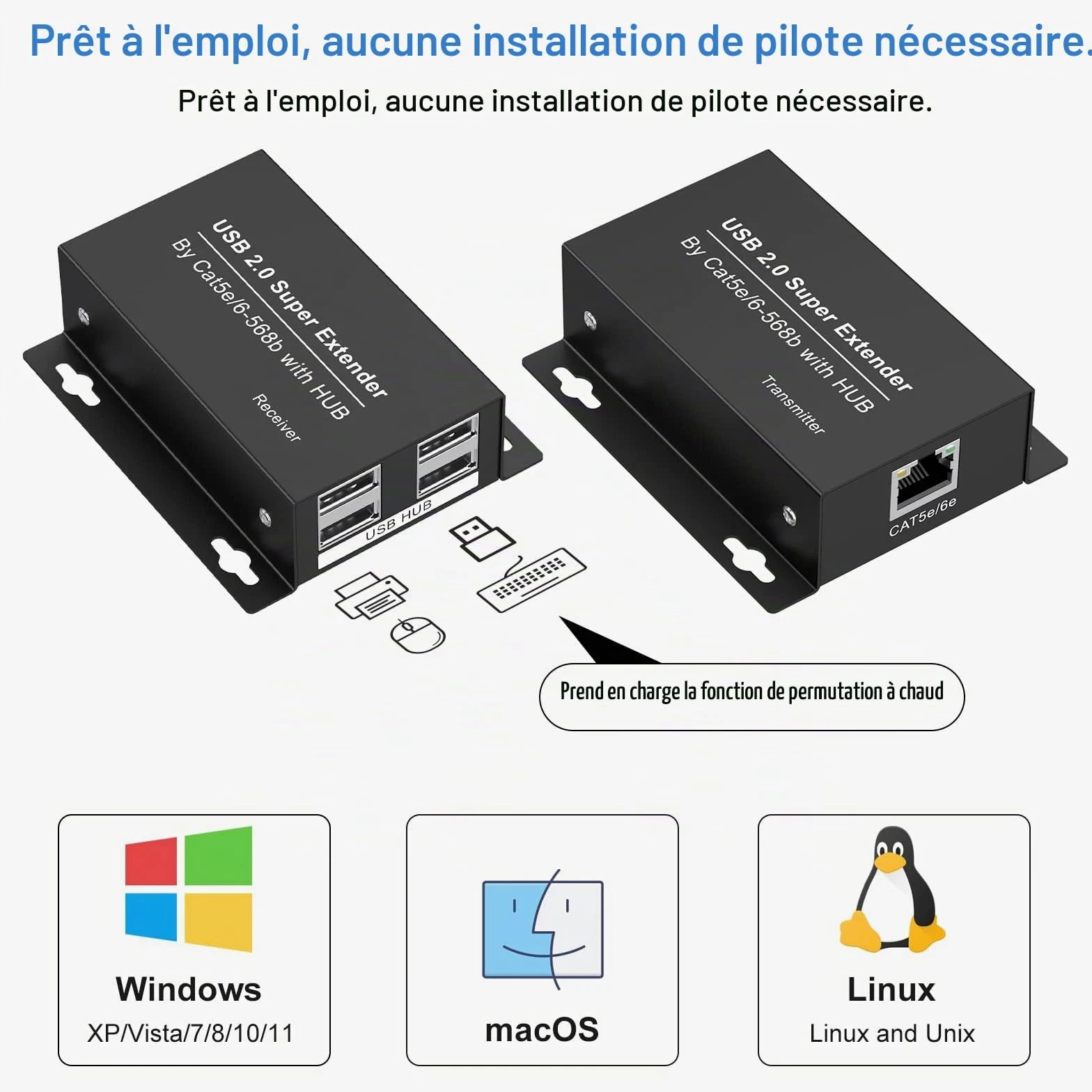 VEDINDUST USB 2.0 Extender Ethernet 4 Ports 196ft 60m Extension sur RJ45 Cat5e 6 Jusqu'à 480Mbps Deux Webcam Work Sync Support Windows MacOS Android Linux Pas de Pilote EX50USB etc