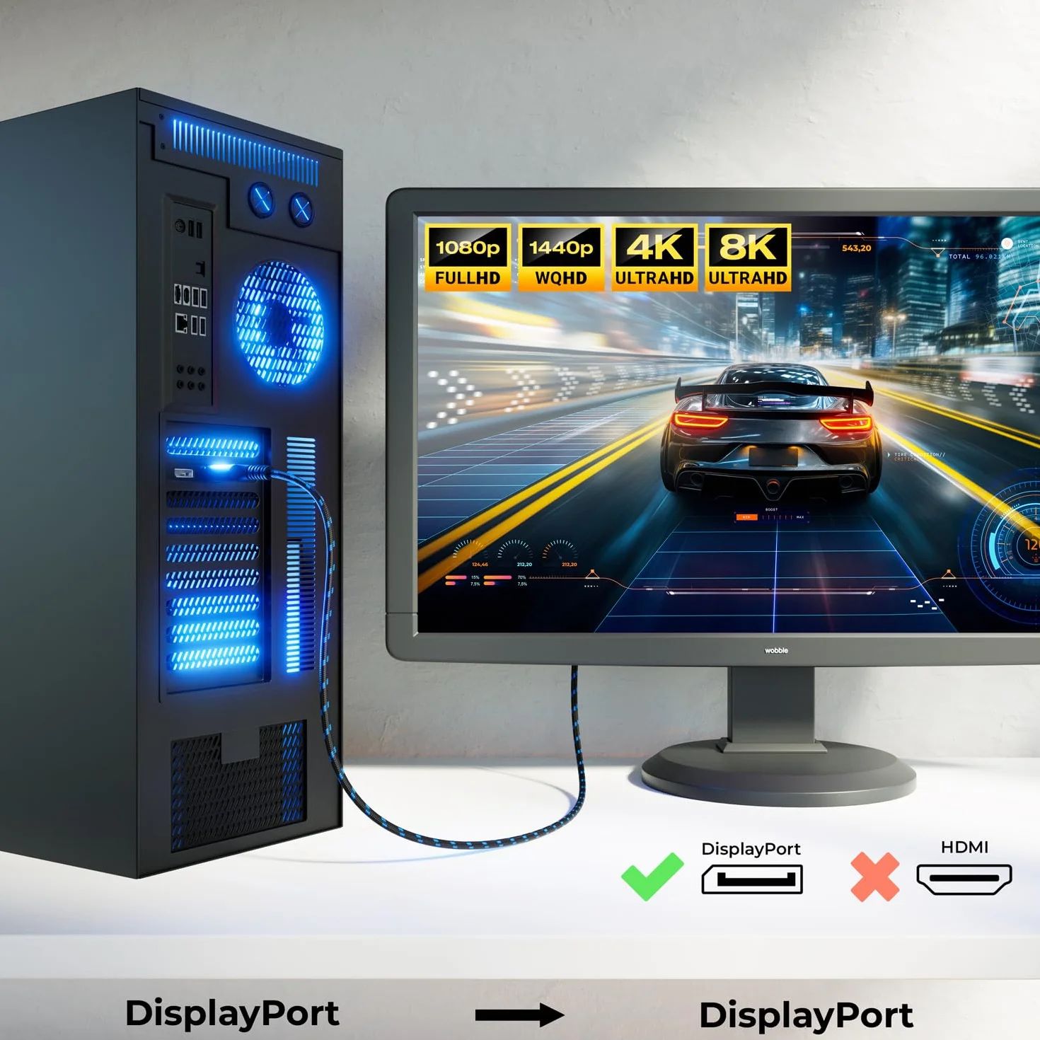 deleyCON 1,5m Câble DisplayPort 1.4 (8K@60Hz 4K@165Hz) UHD HDR pour Moniteur PC