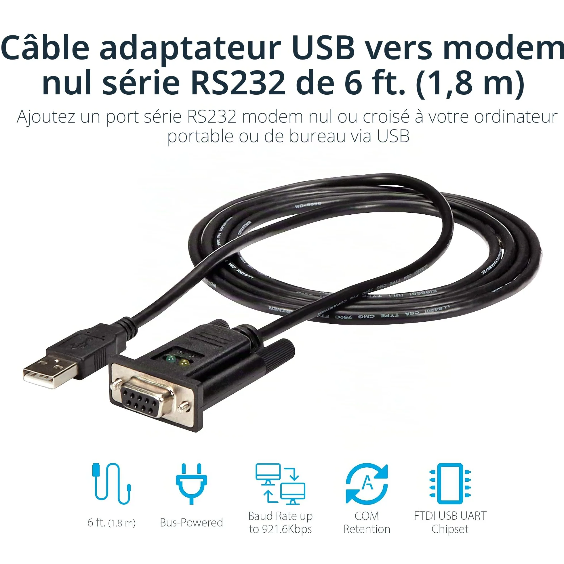 StarTech Adaptateur USB vers Série RS232 1,8m, DB9 DCE, FTDI (ICUSB232FTN) | Câble adaptateur série, Null Modem, USB 2.0, Windows, Mac, Linux, 921, 6 Kbps, 1 Port